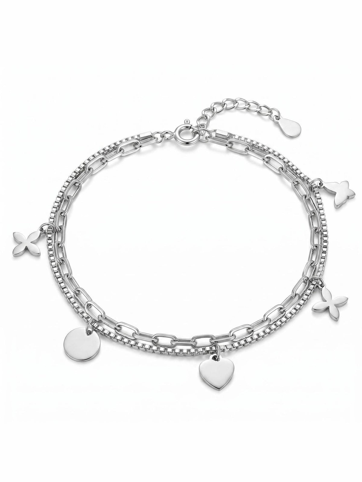 925 SILLER Celestial and Floral Charm Double Layer Silver Anklet