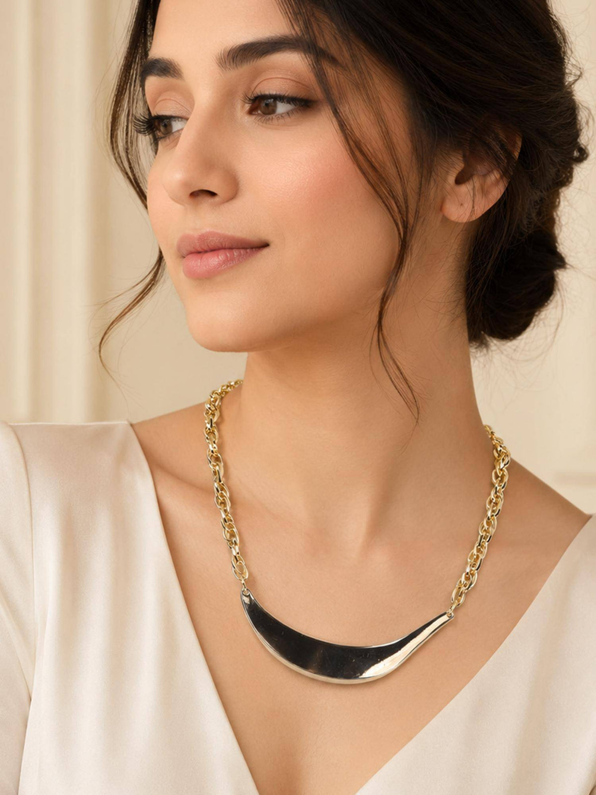 AANURA Bold Gold Chain Necklace with Silver Curve