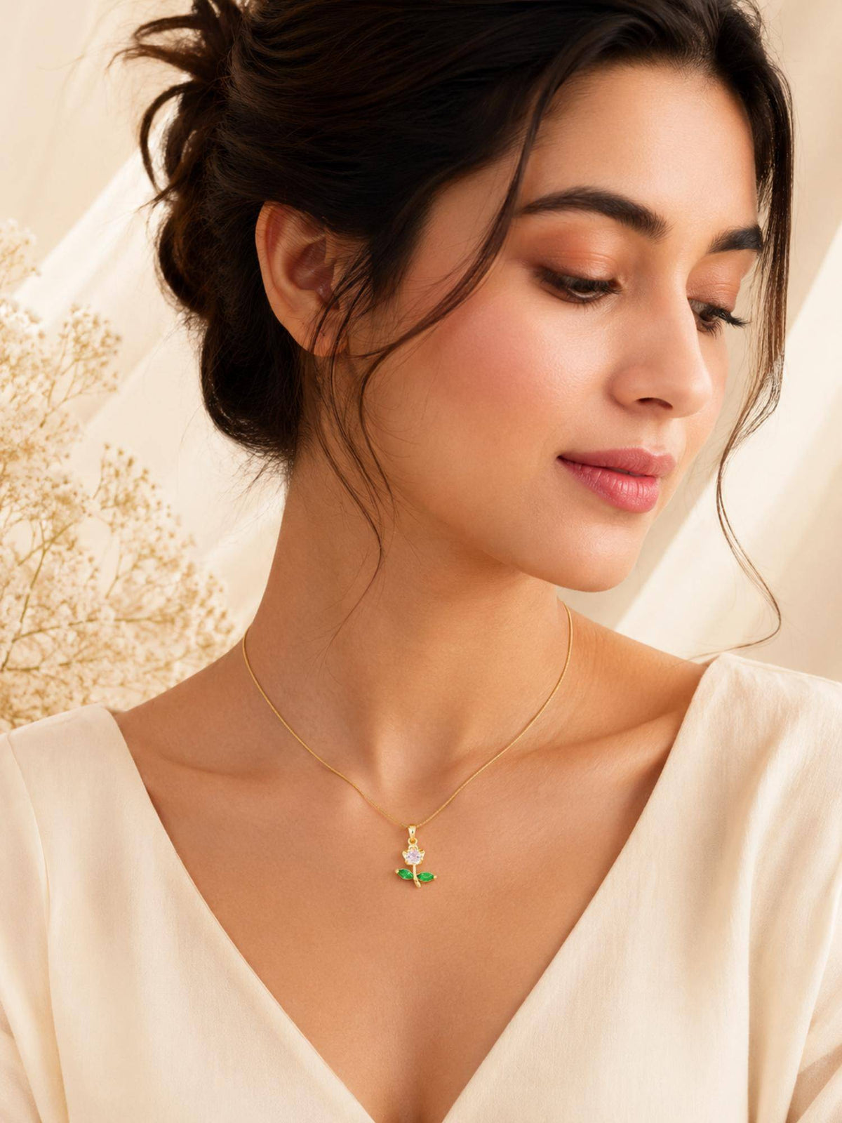 AANURA 18K Gold Plated Pink Crystal Leaf Pendant Necklace