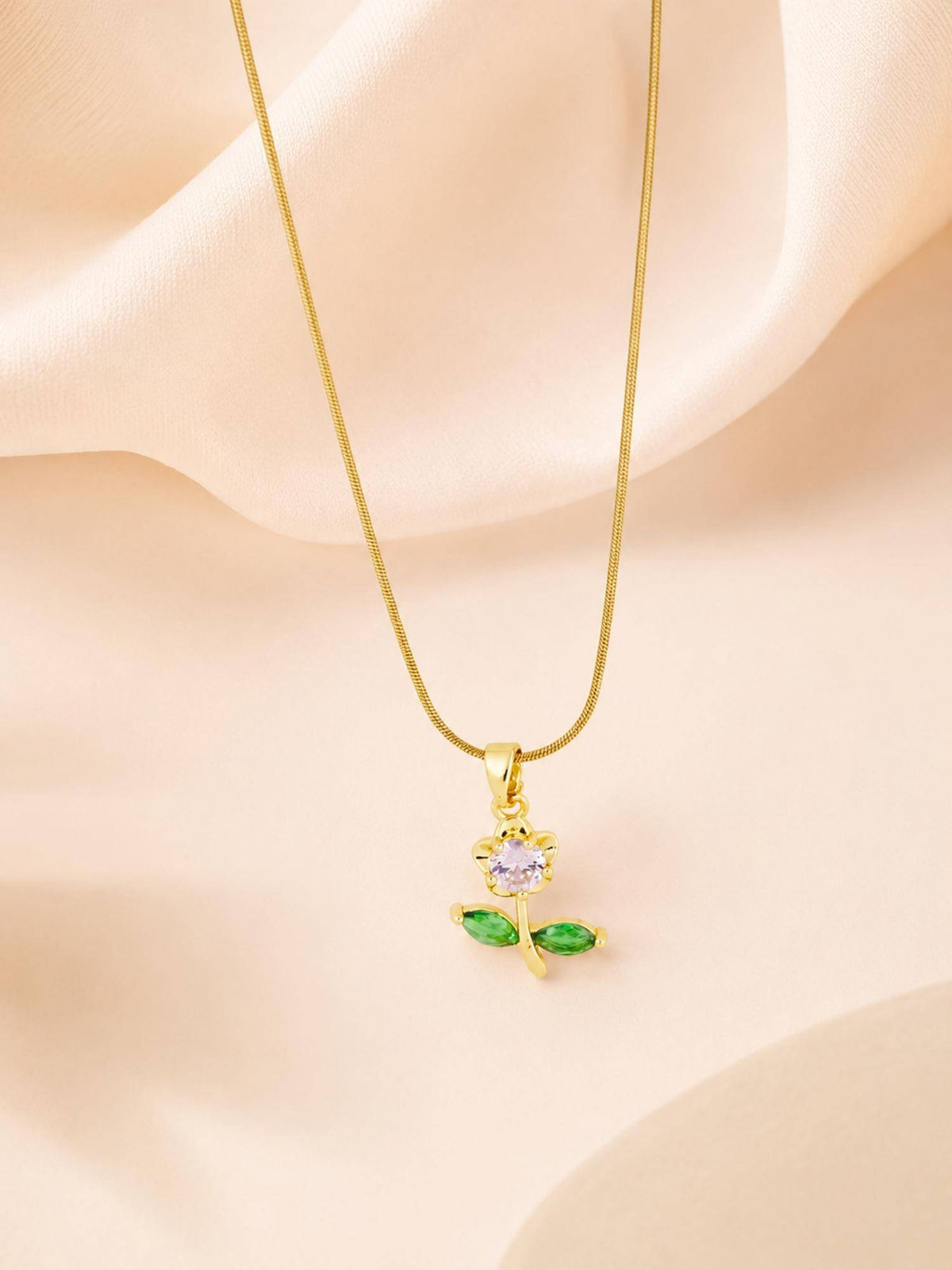 AANURA 18K Gold Plated Pink Crystal Leaf Pendant Necklace