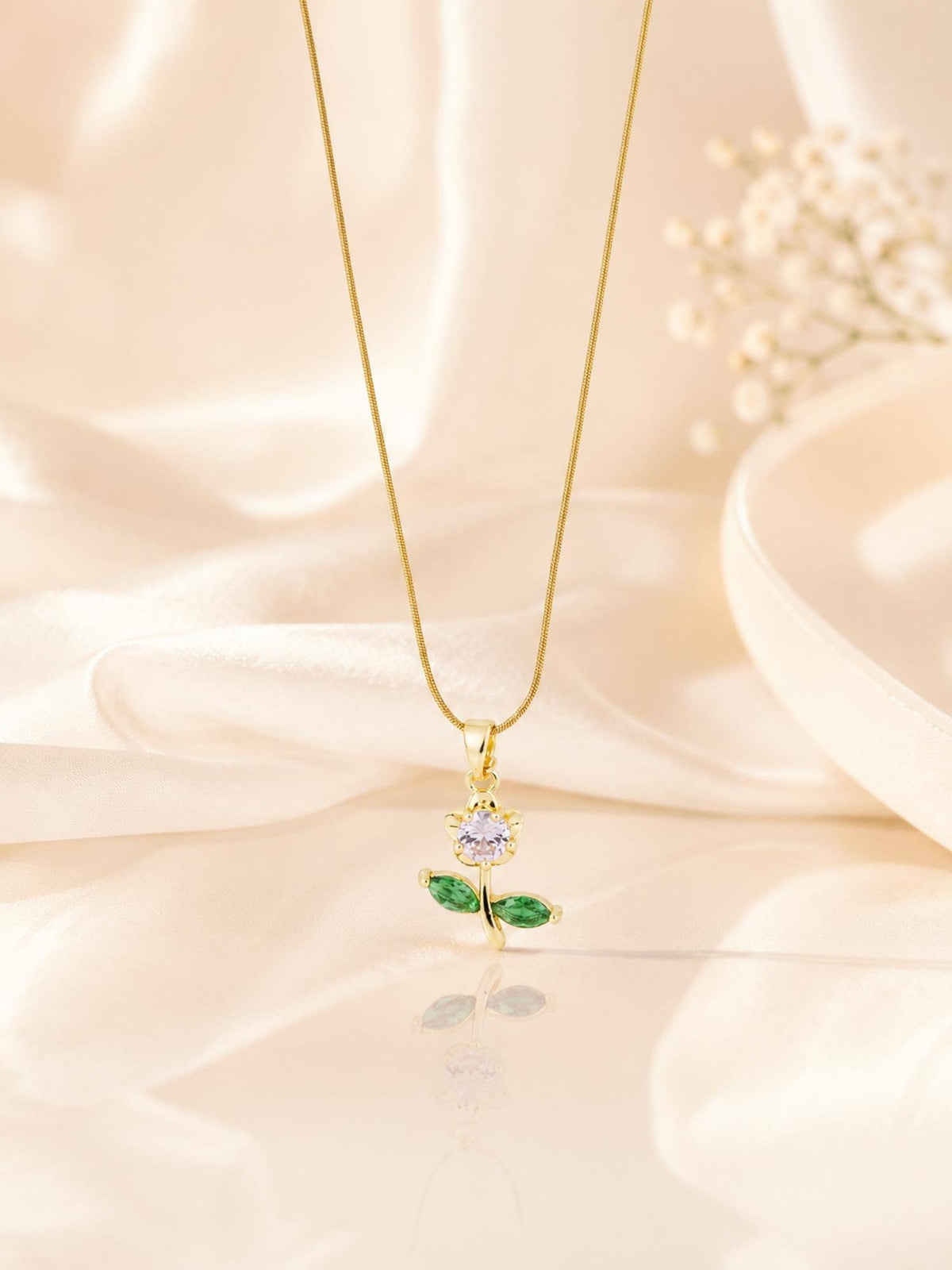AANURA 18K Gold Plated Pink Crystal Leaf Pendant Necklace