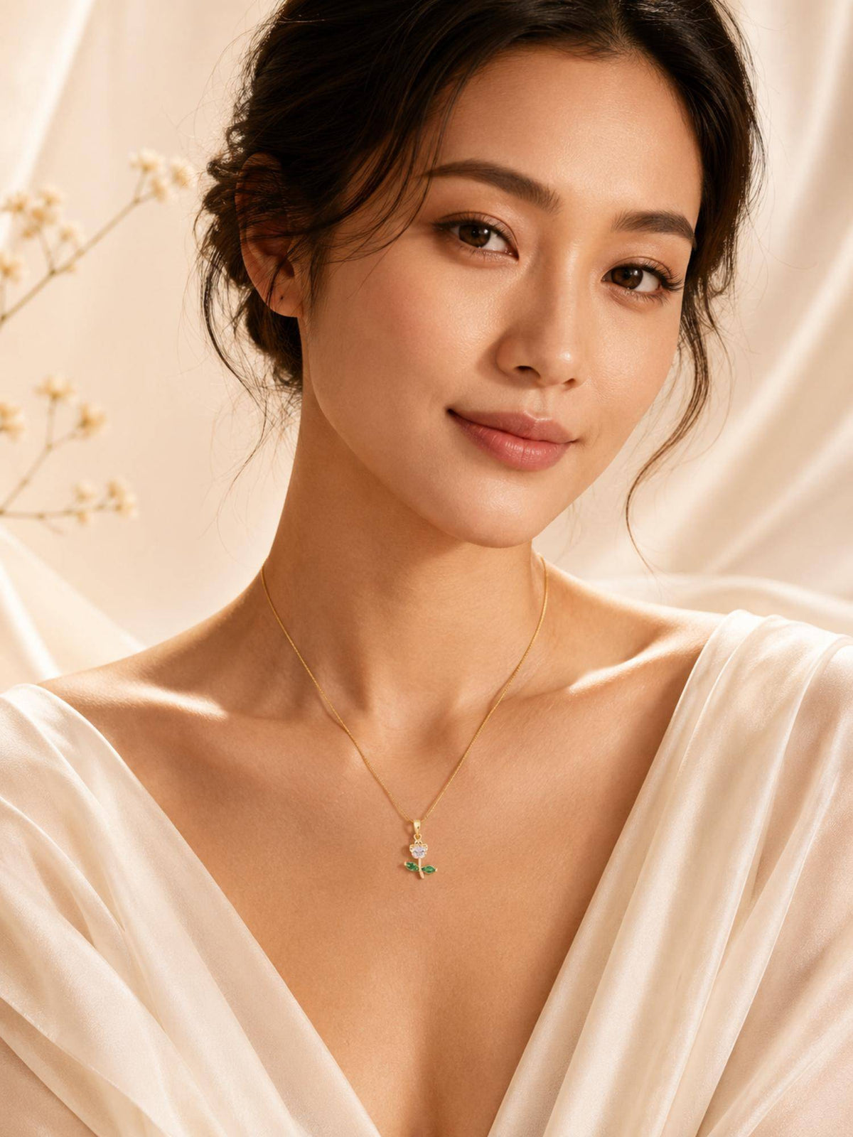 AANURA 18K Gold Plated Pink Crystal Leaf Pendant Necklace