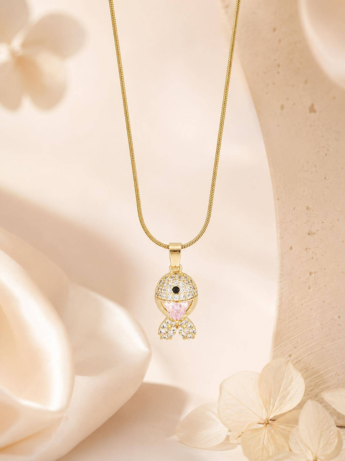 AANURA 18K Gold Plated Pink Crystal Fish Pendant Necklace