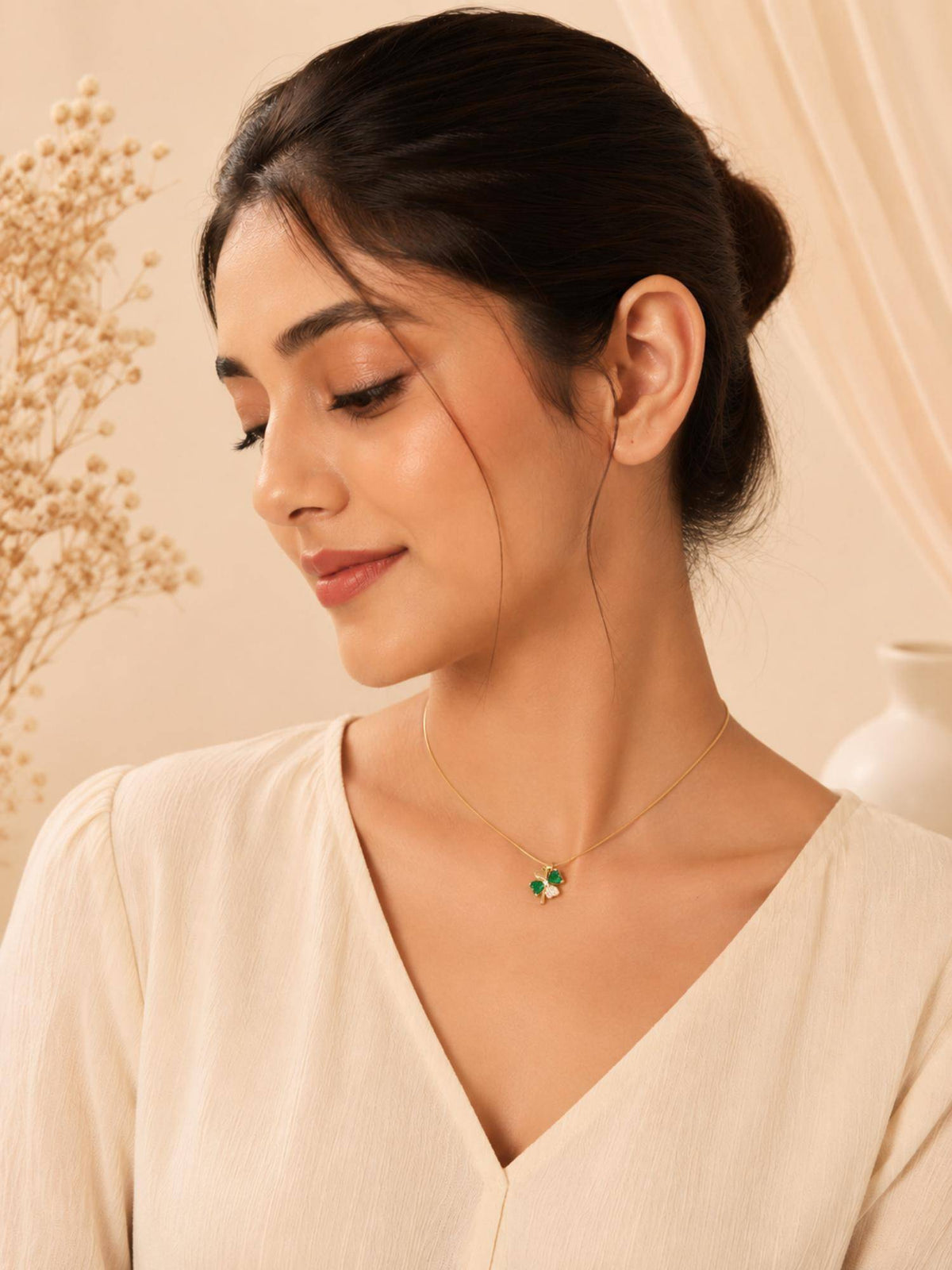 AANURA 18K Gold Plated Green Crystal Clover Pendant Necklace