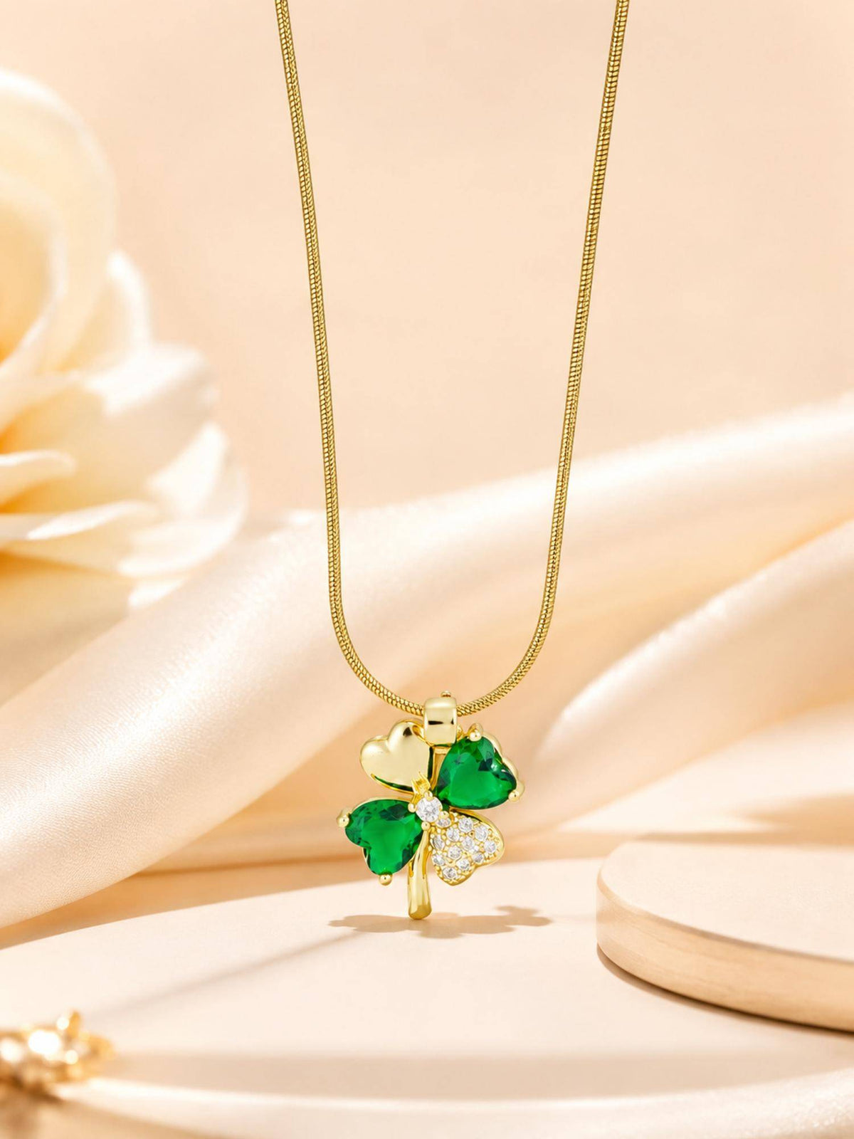 AANURA 18K Gold Plated Green Crystal Clover Pendant Necklace
