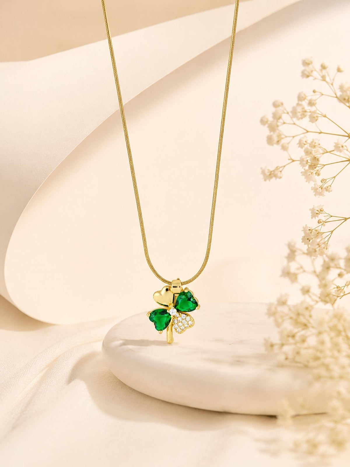 AANURA 18K Gold Plated Green Crystal Clover Pendant Necklace