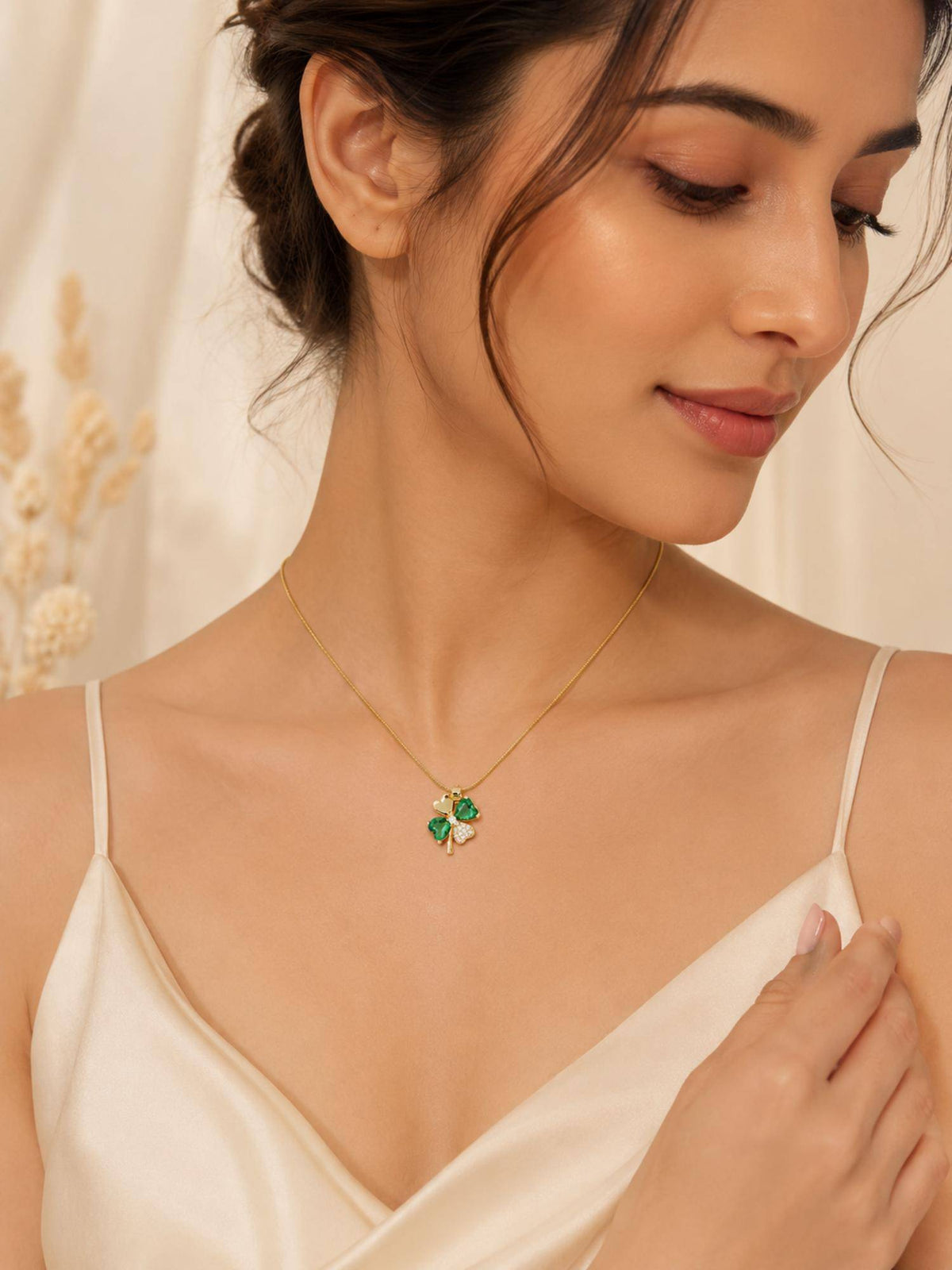 AANURA 18K Gold Plated Green Crystal Clover Pendant Necklace