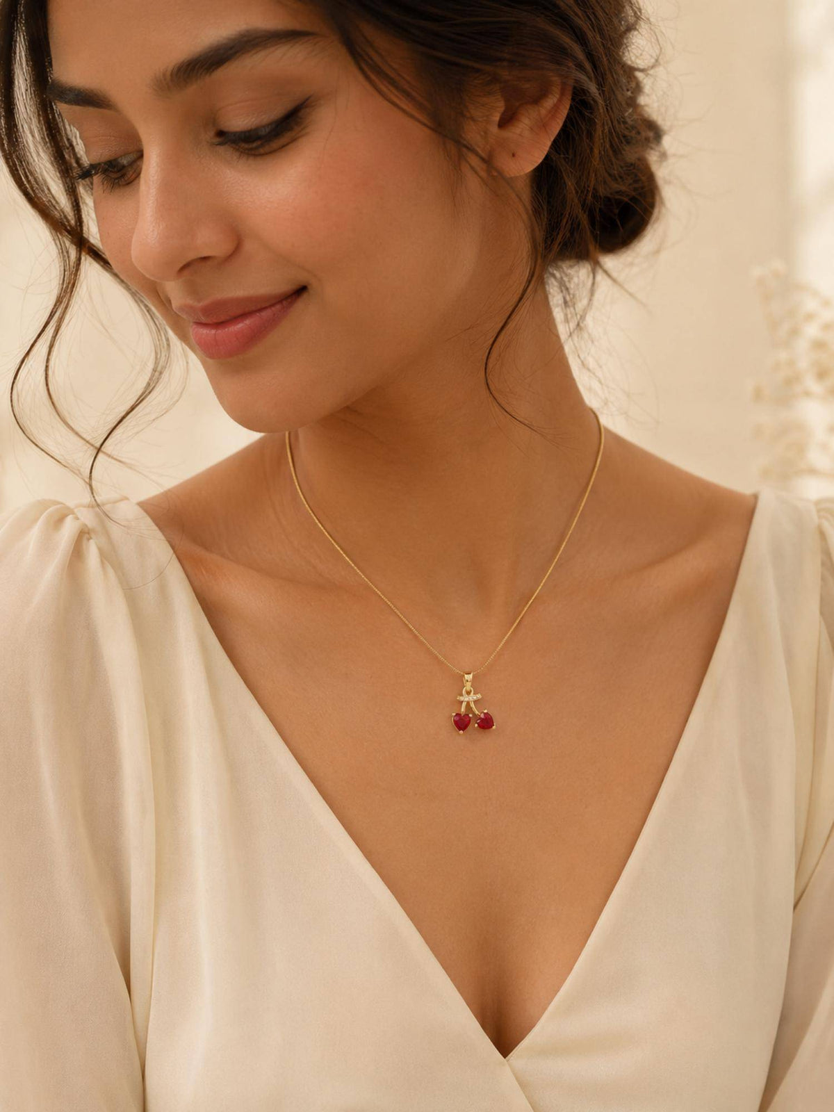 AANURA 18K Gold Plated Twin Red Crystal Pendant Necklace