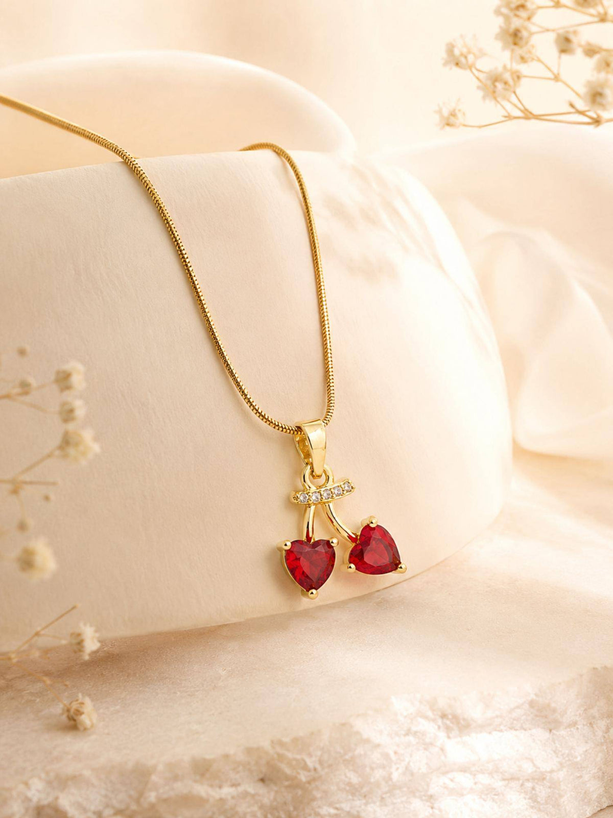 AANURA 18K Gold Plated Twin Red Crystal Pendant Necklace