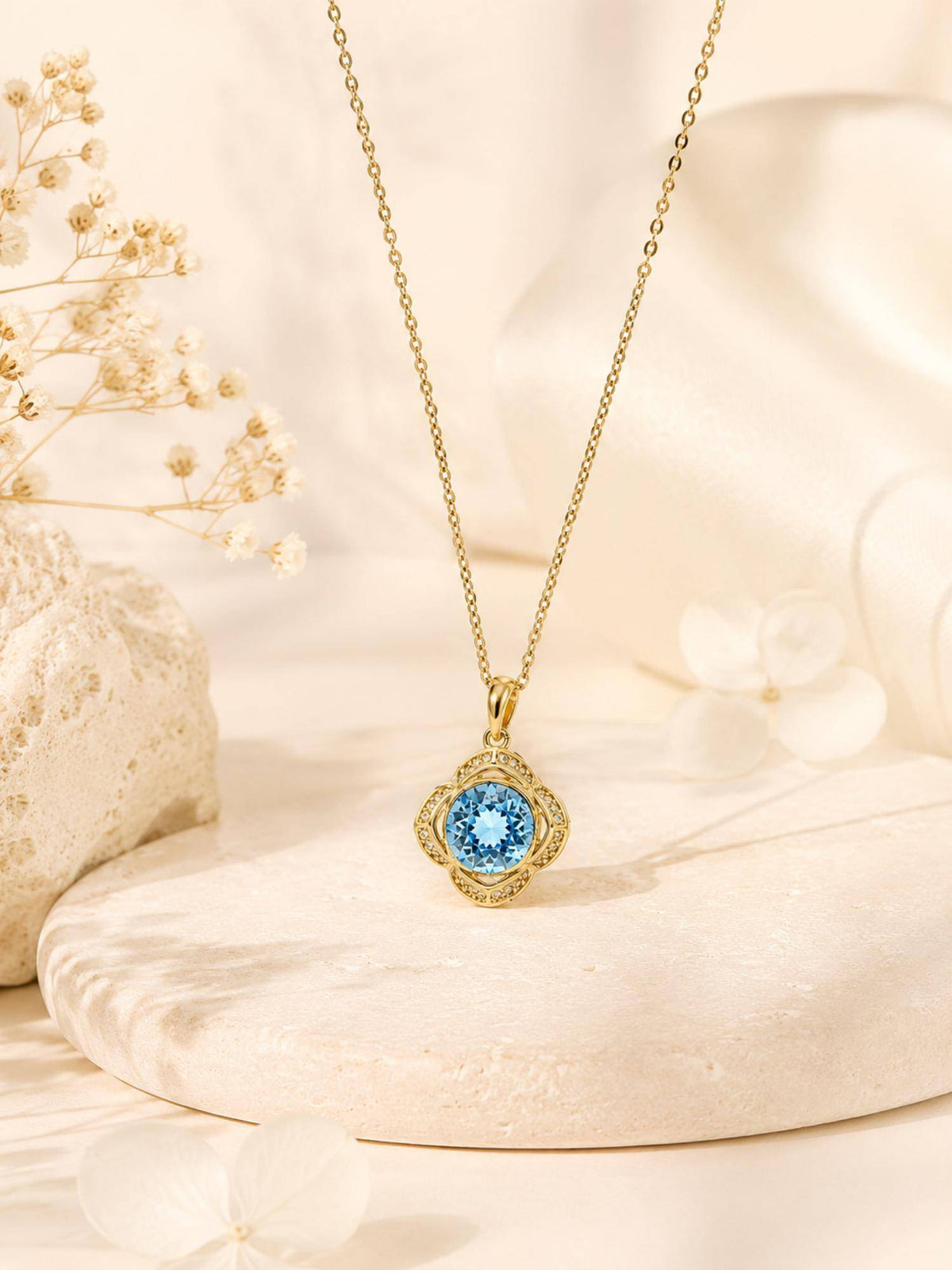 AANURA 18K Gold Plated Blue Flower Halo Crystal Necklace