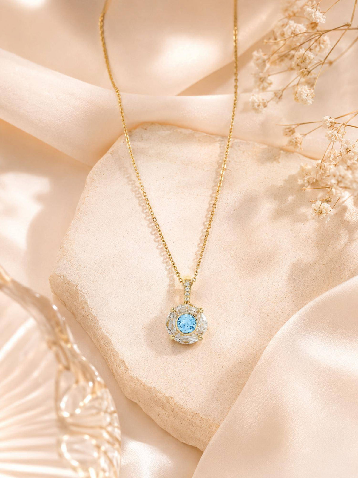 AANURA 18K Gold Plated Blue Bloom Crystal Pendant Necklace