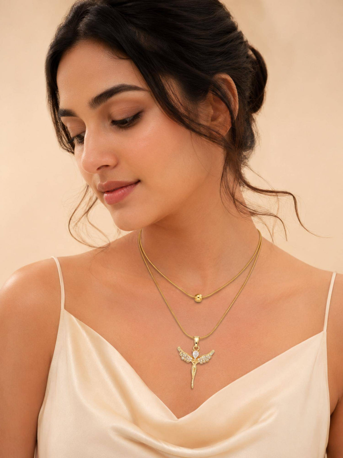 AANURA 18K Gold Plated Angel Charm Layered Snake Chain Necklace