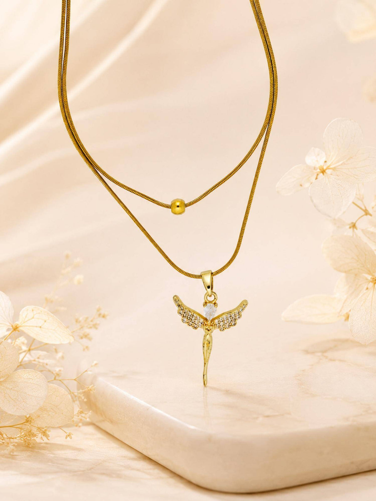 AANURA 18K Gold Plated Angel Charm Layered Snake Chain Necklace