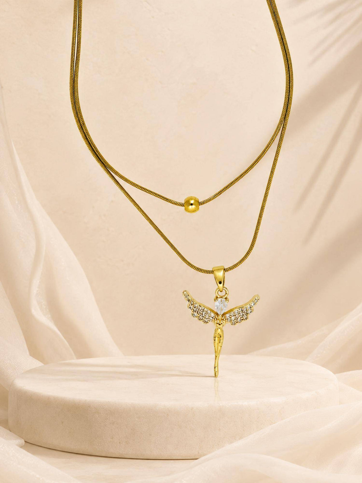 AANURA 18K Gold Plated Angel Charm Layered Snake Chain Necklace