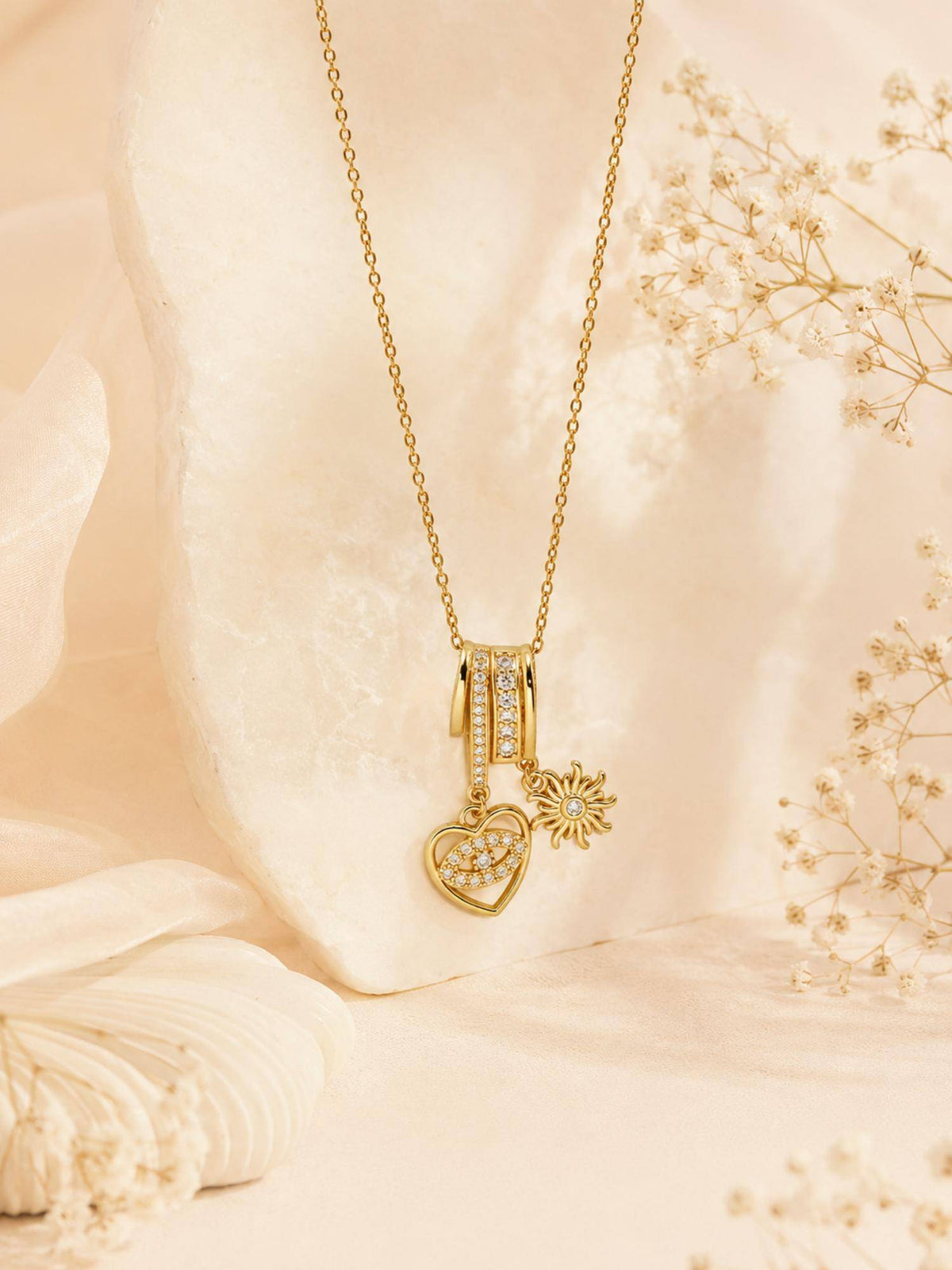 AANURA 18K Gold Plated Heart Eye And Sun Charm Necklace