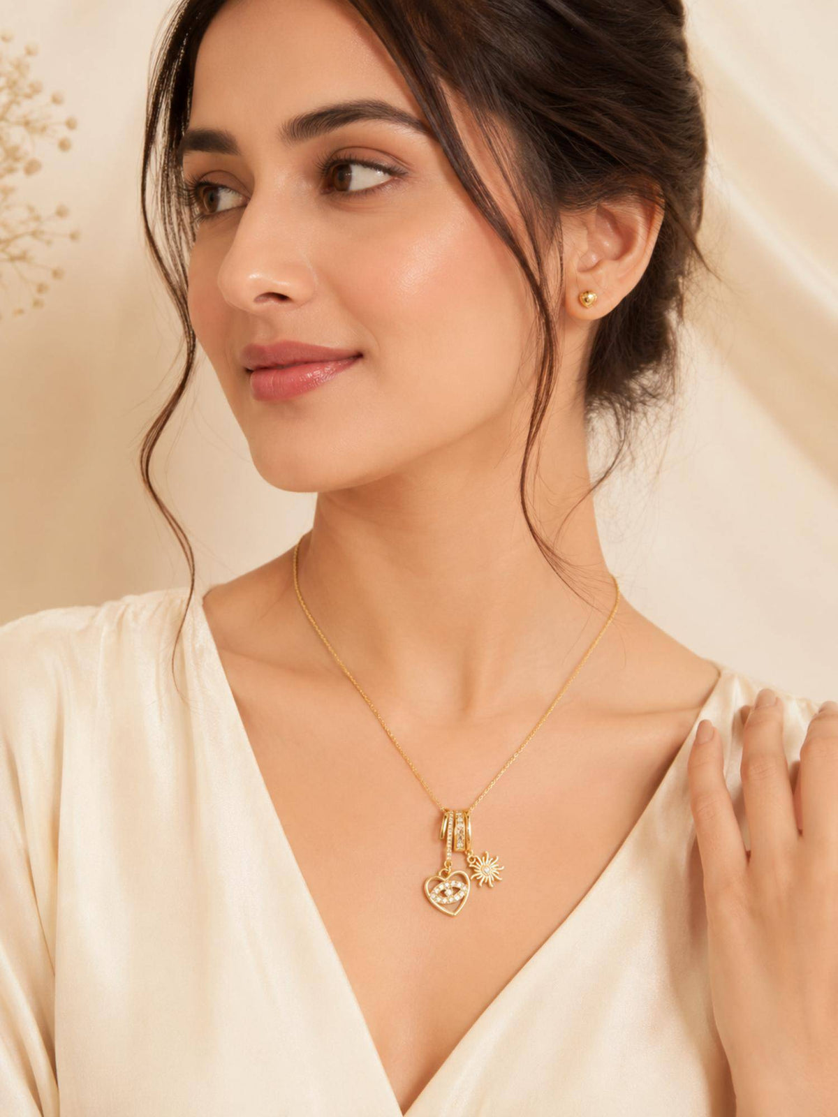 AANURA 18K Gold Plated Heart Eye And Sun Charm Necklace