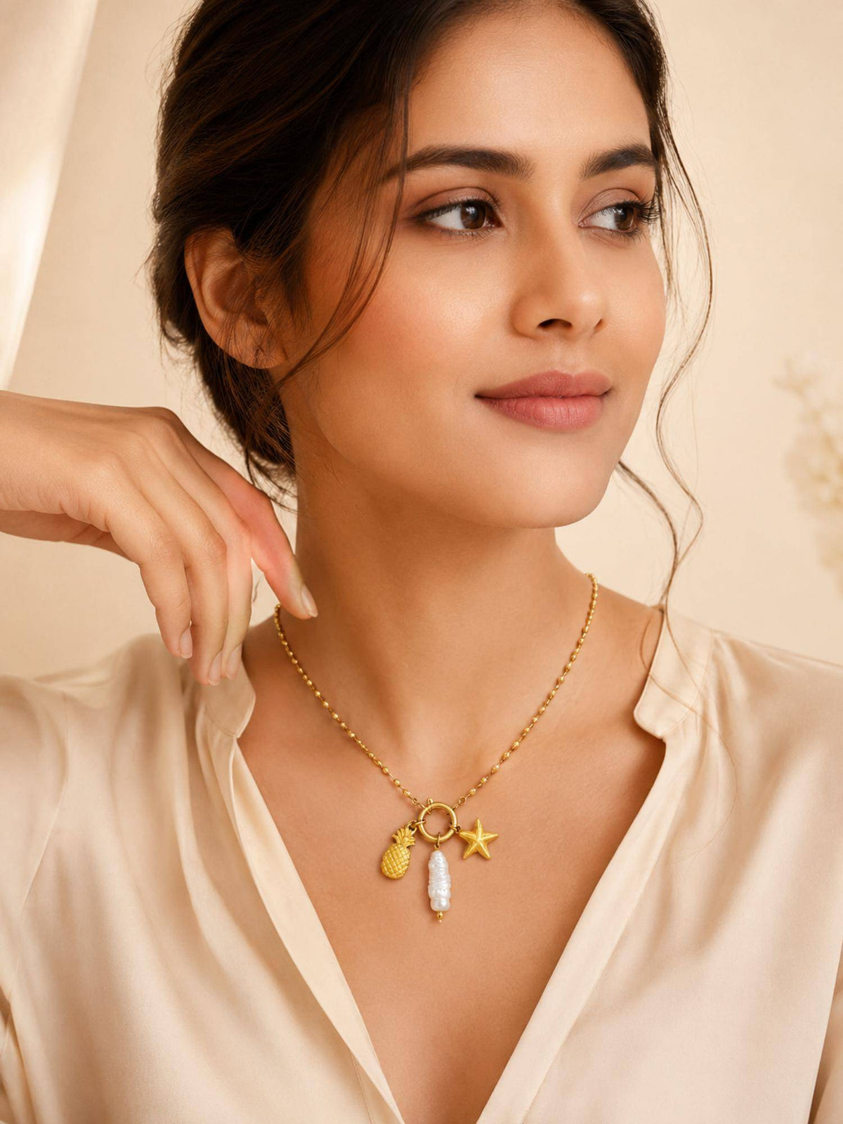 AANURA 18K Gold Plated Pineapple Pearl Star Charm Necklace
