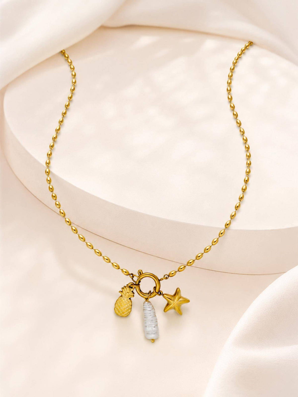 AANURA 18K Gold Plated Pineapple Pearl Star Charm Necklace