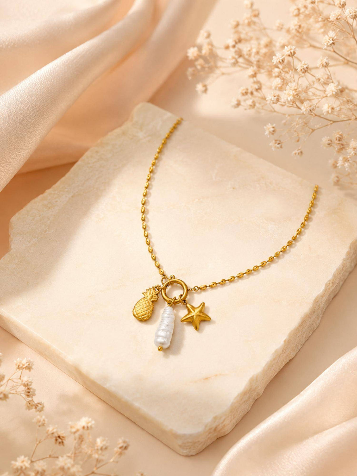 AANURA 18K Gold Plated Pineapple Pearl Star Charm Necklace