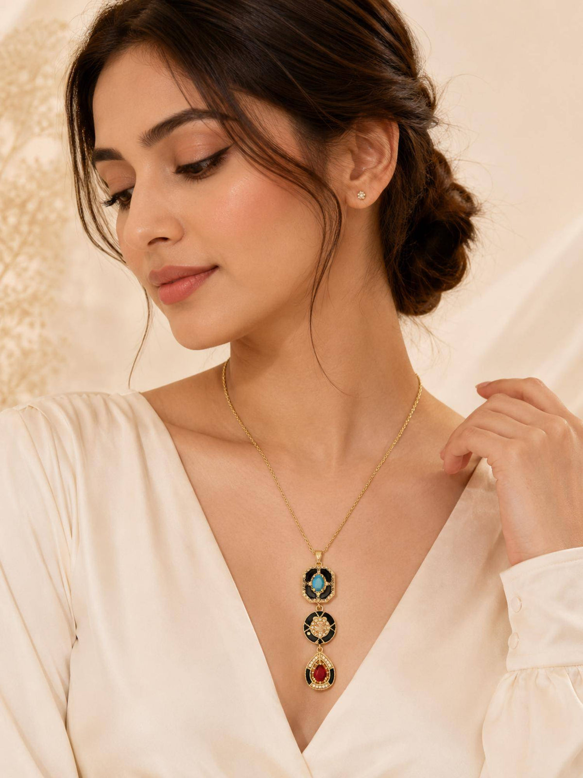 AANURA 18K Gold Plated Black Accent Tri-Stone Drop Necklace