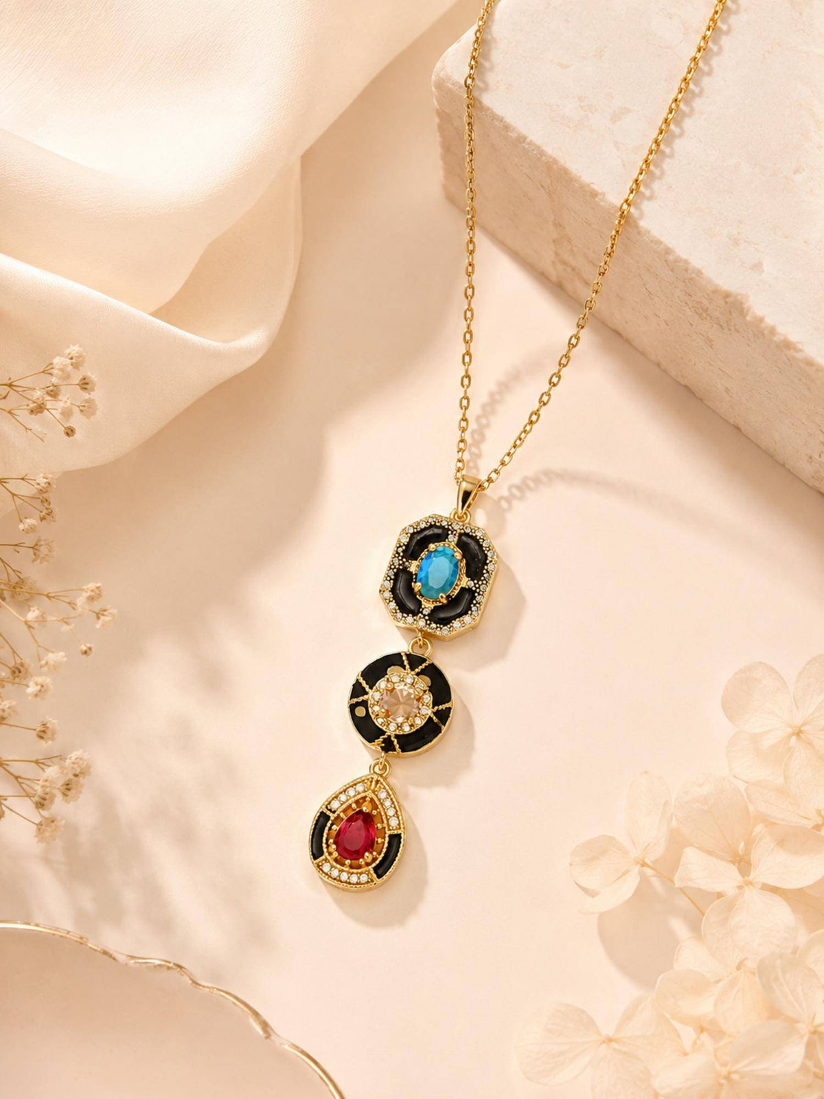 AANURA 18K Gold Plated Black Accent Tri-Stone Drop Necklace