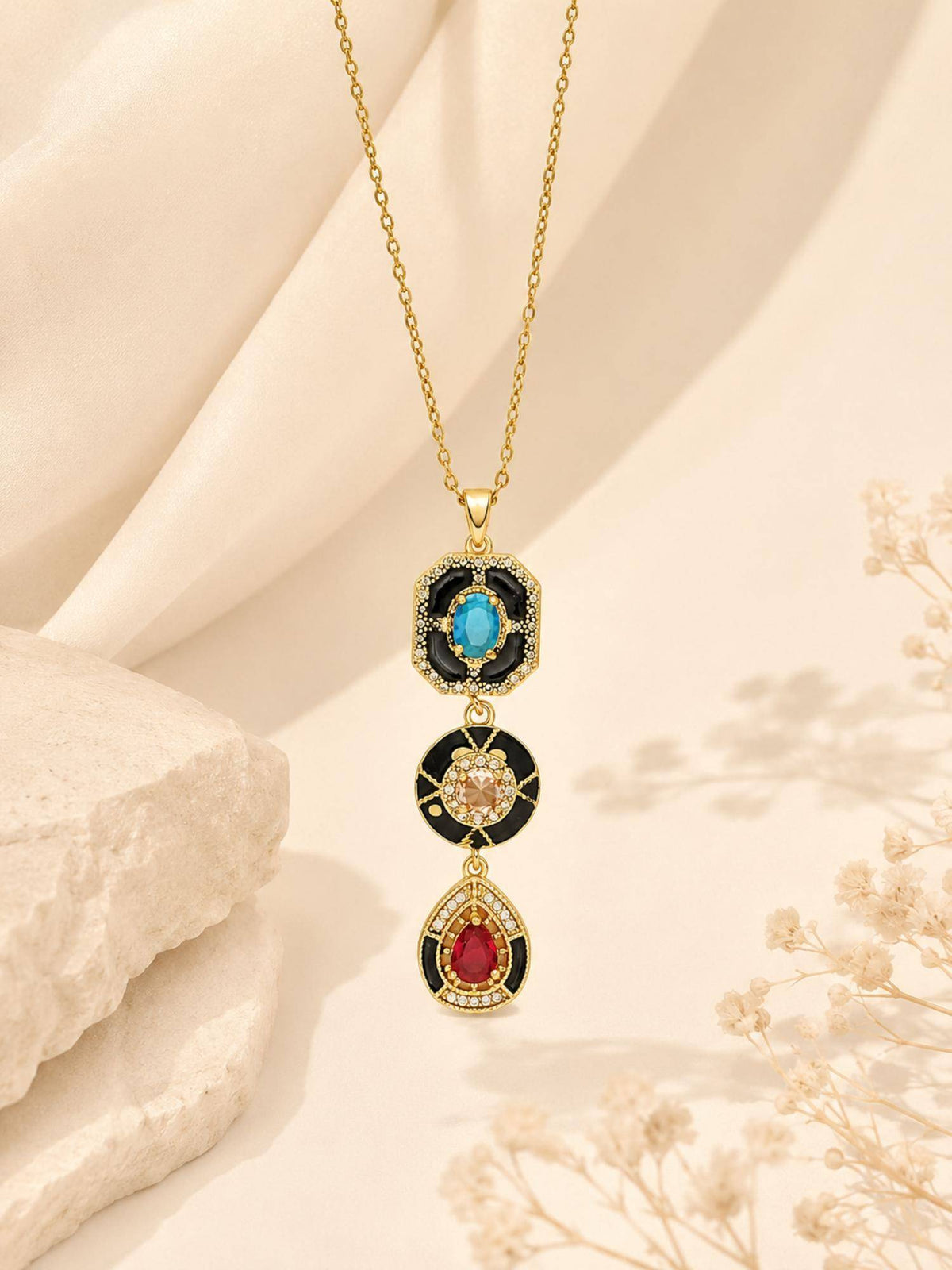 AANURA 18K Gold Plated Black Accent Tri-Stone Drop Necklace
