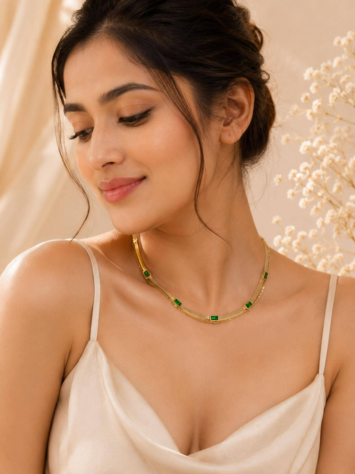 AANURA 18K Gold Plated Green Stone Flat Chain Layered Necklace