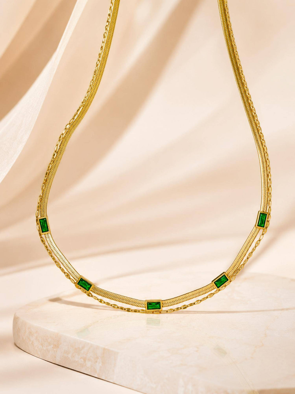 AANURA 18K Gold Plated Green Stone Flat Chain Layered Necklace