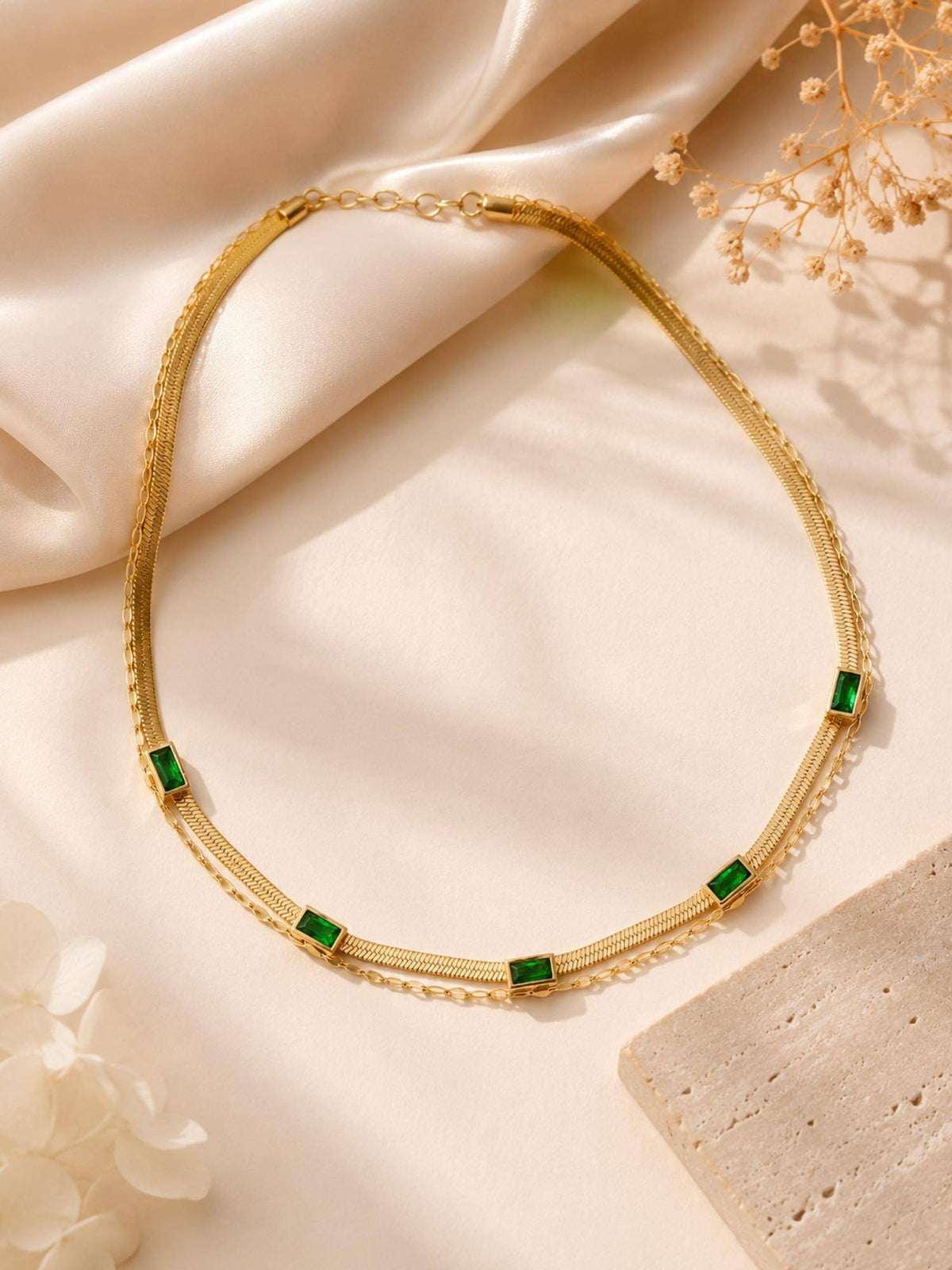 AANURA 18K Gold Plated Green Stone Flat Chain Layered Necklace