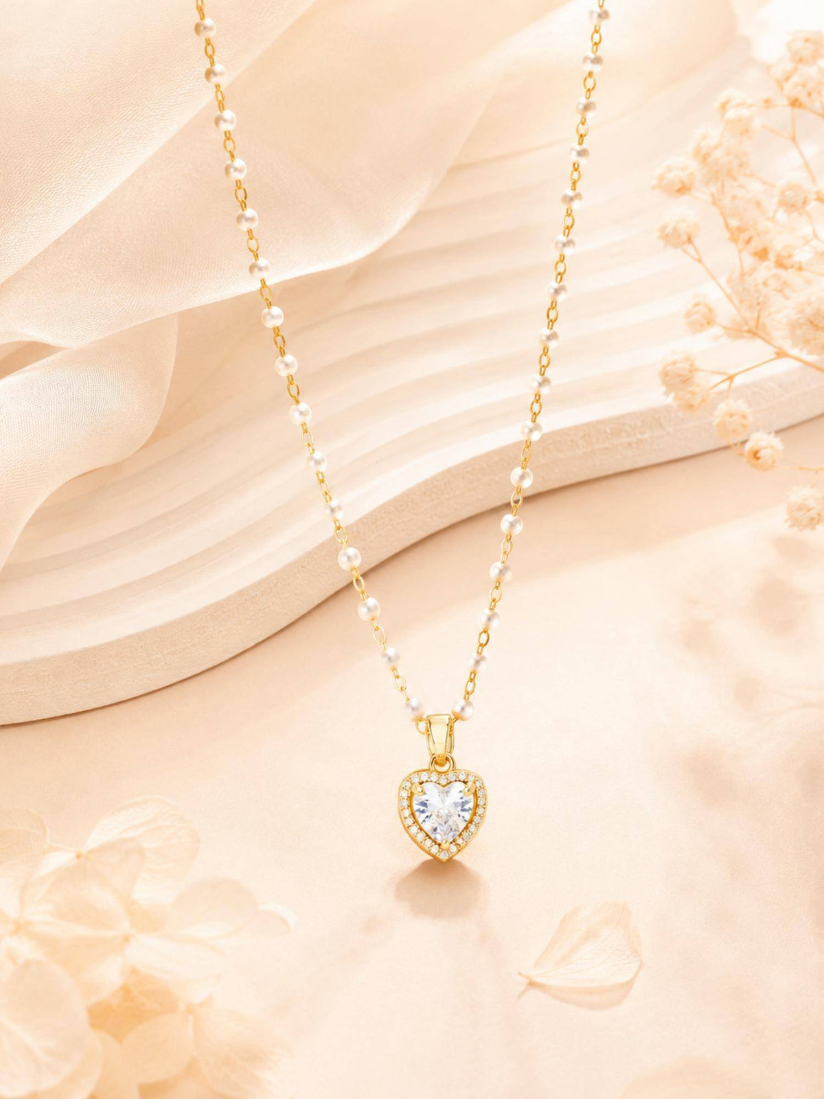 AANURA 18K Gold Plated Pearl Chain Heart Halo Necklace