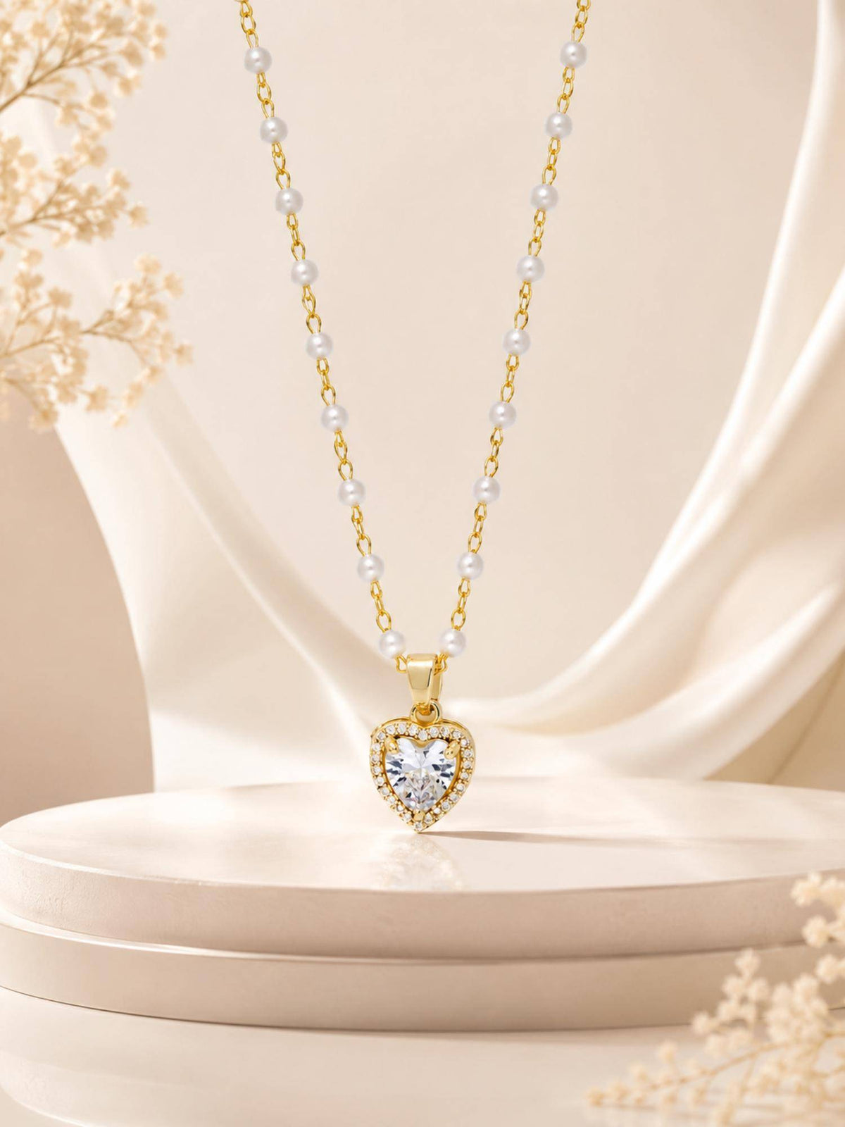 AANURA 18K Gold Plated Pearl Chain Heart Halo Necklace