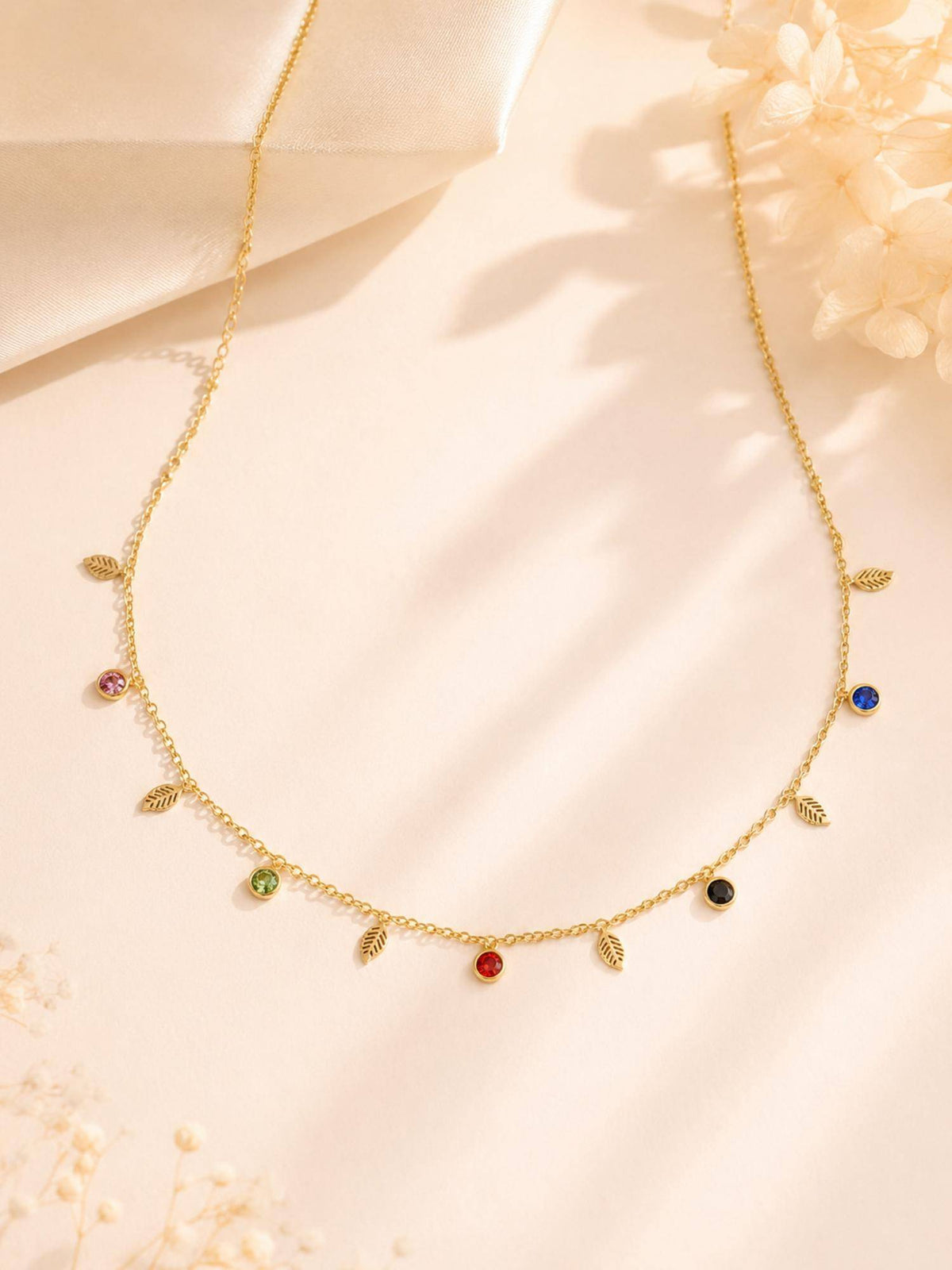AANURA 18K Gold Plated Leaf And Colour Stone Charm Necklace