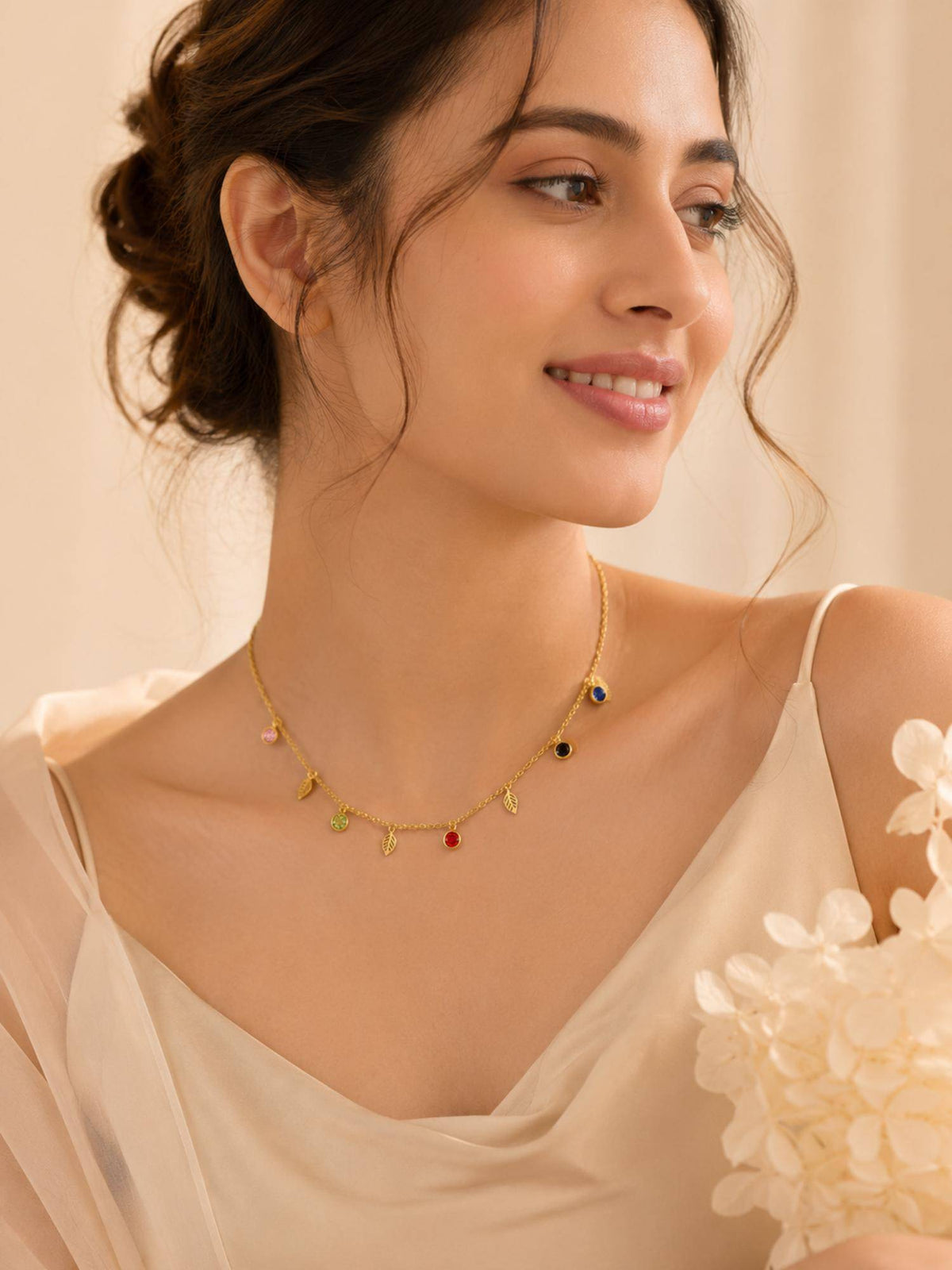 AANURA 18K Gold Plated Leaf And Colour Stone Charm Necklace