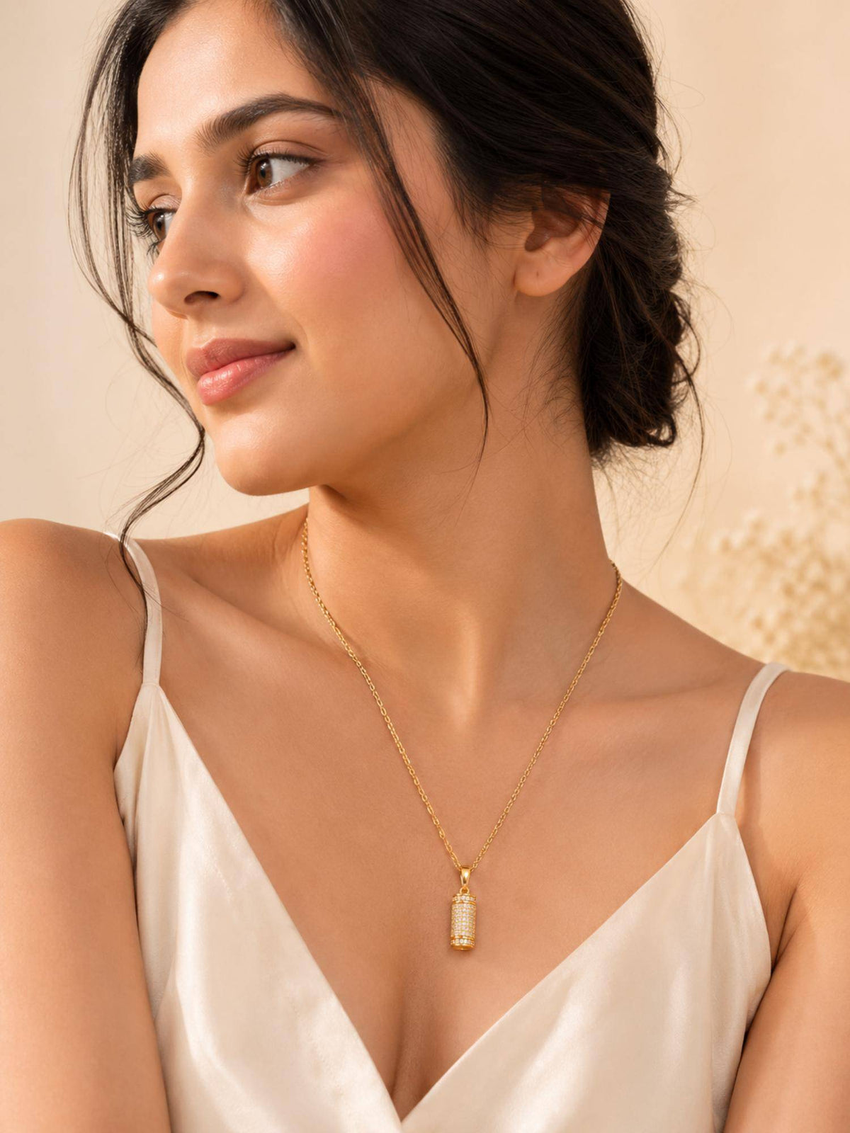 AANURA 18K Gold Plated Crystal Cylinder Pendant Necklace