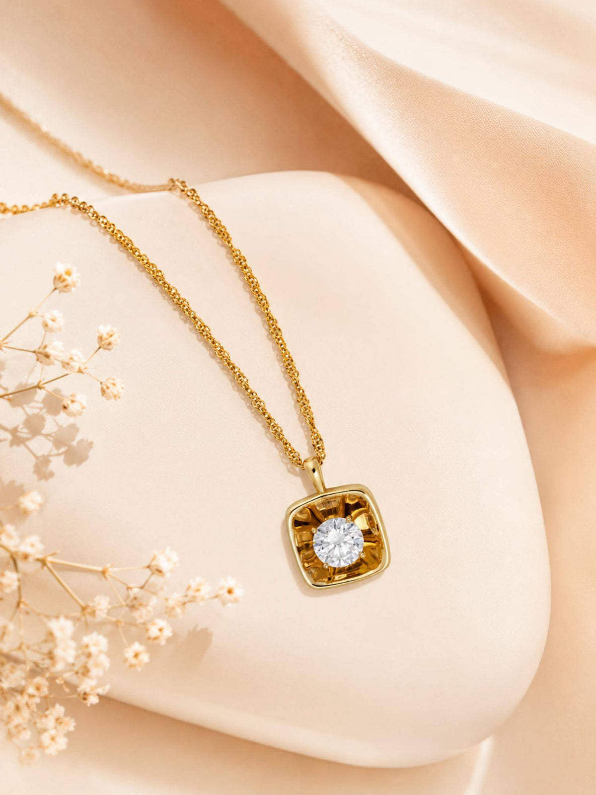 AANURA 18K Gold Plated Square Solitaire Pendant Necklace