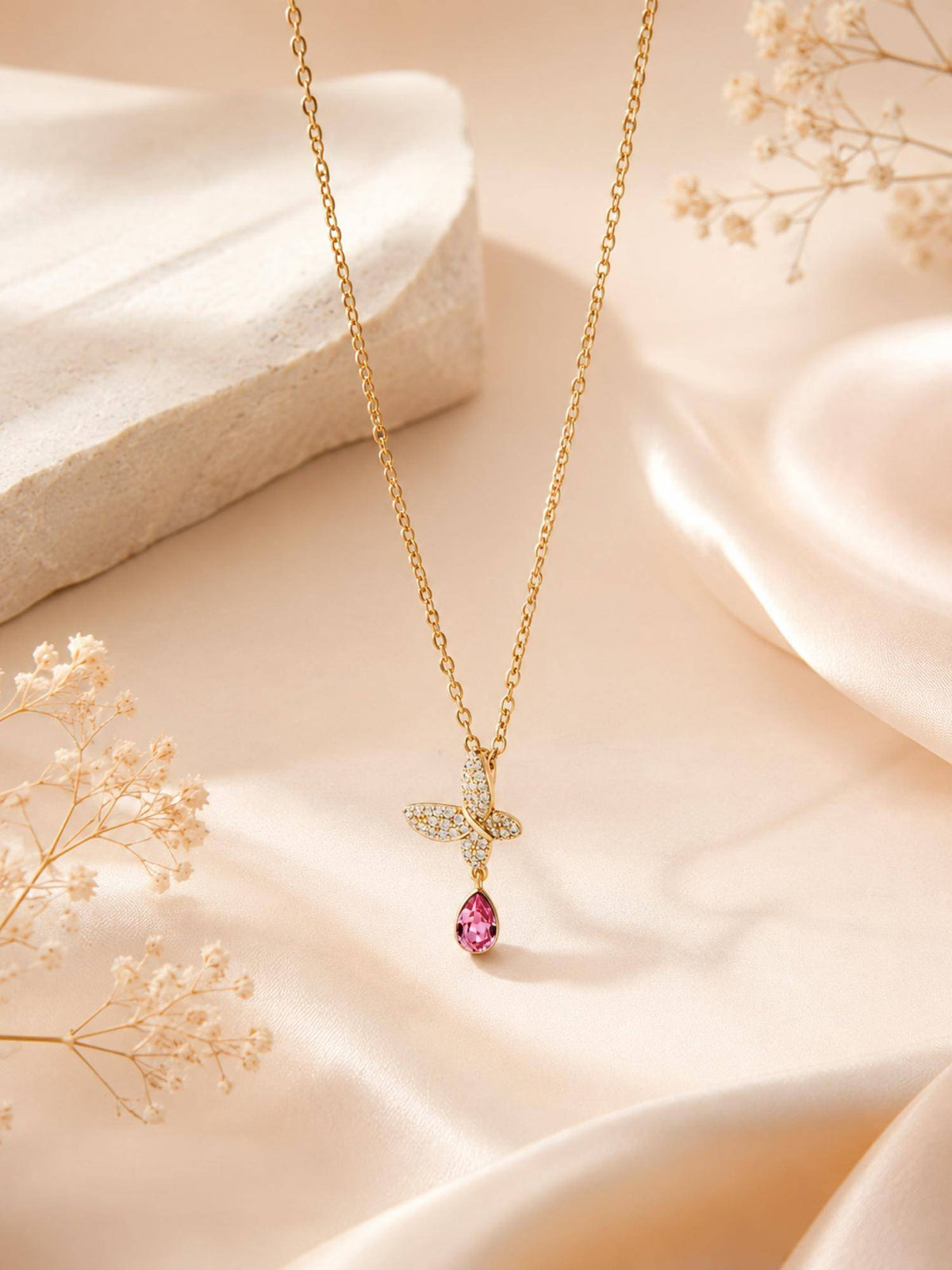 AANURA Crystal Butterfly Pink Drop Necklace