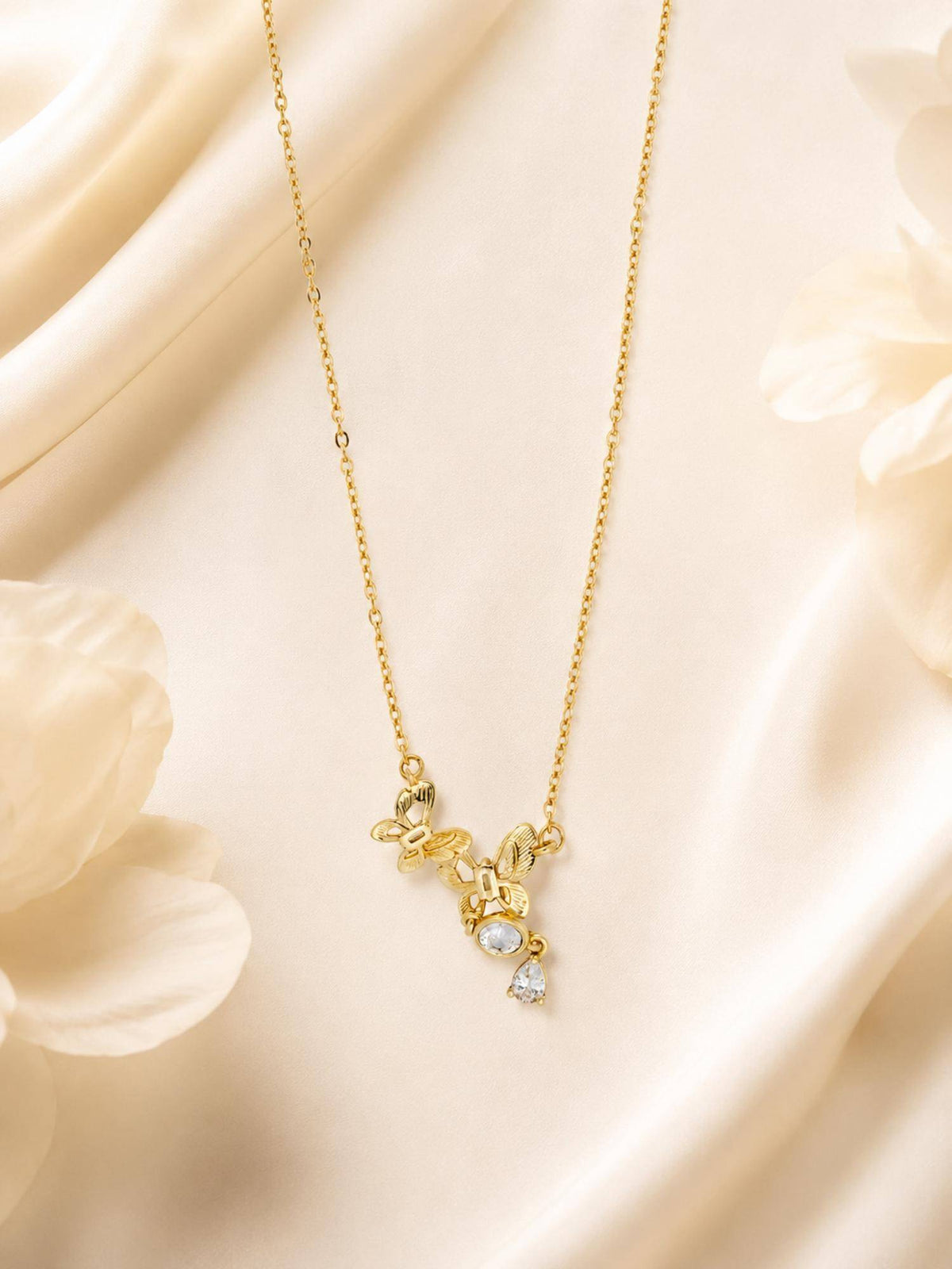 AANURA 18K Gold Plated Butterfly Trio Crystal Drop Necklace