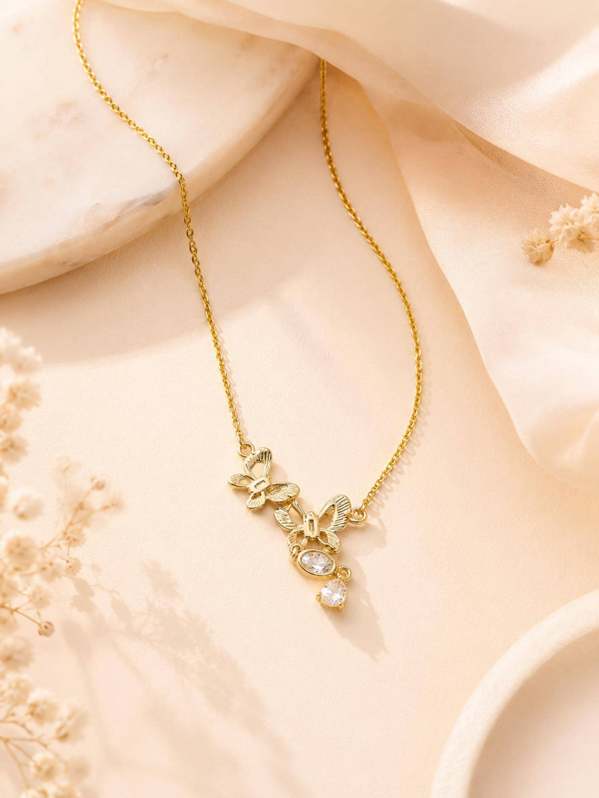 AANURA 18K Gold Plated Butterfly Trio Crystal Drop Necklace