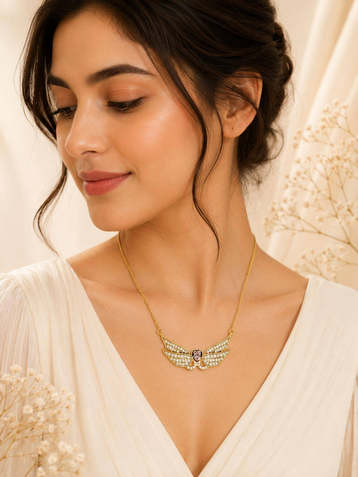 AANURA 18K Gold Plated Purple Angel Wing Heart Stone Necklace