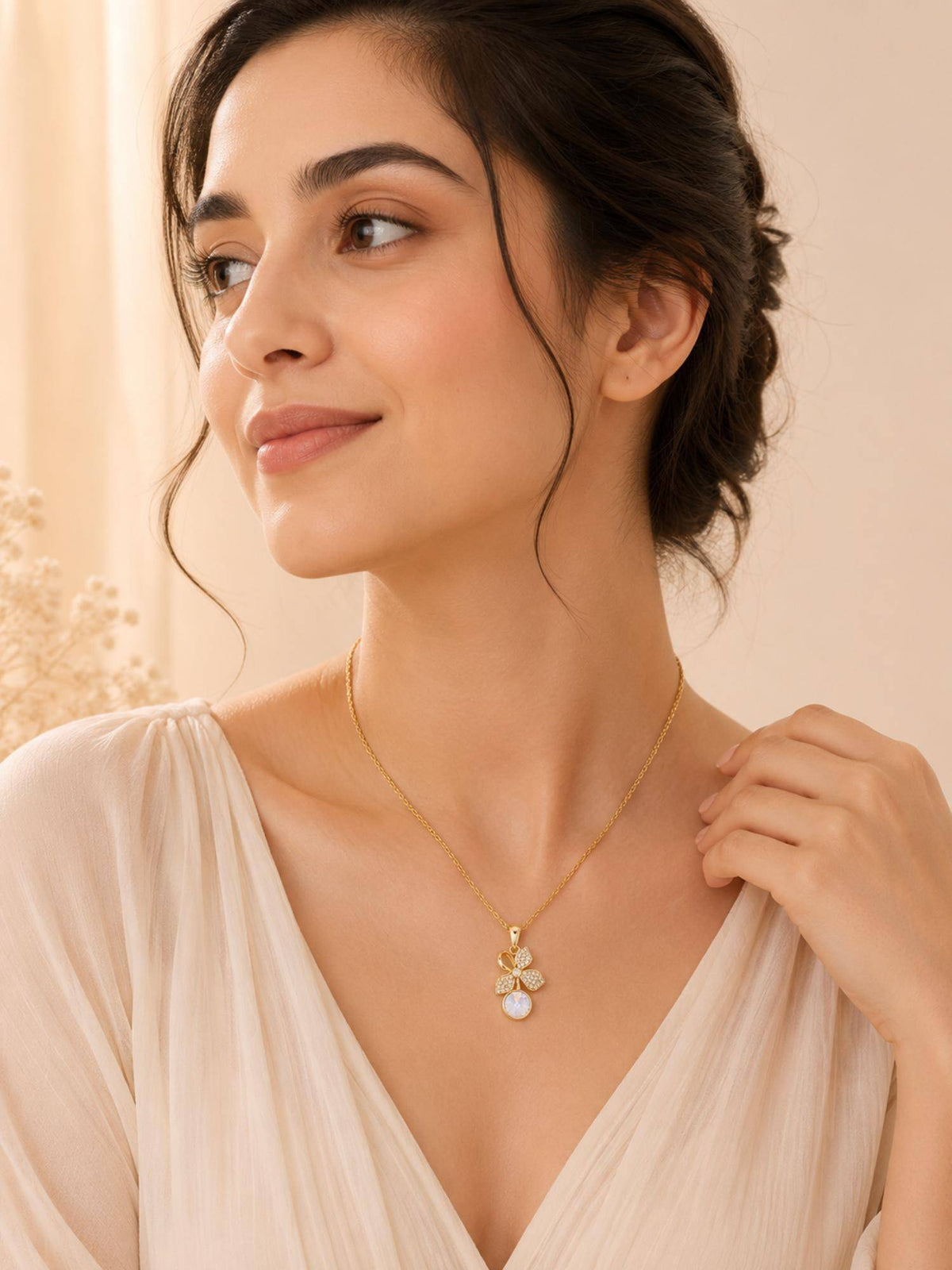 AANURA 18K Gold Plated Floral White Crystal Drop Necklace