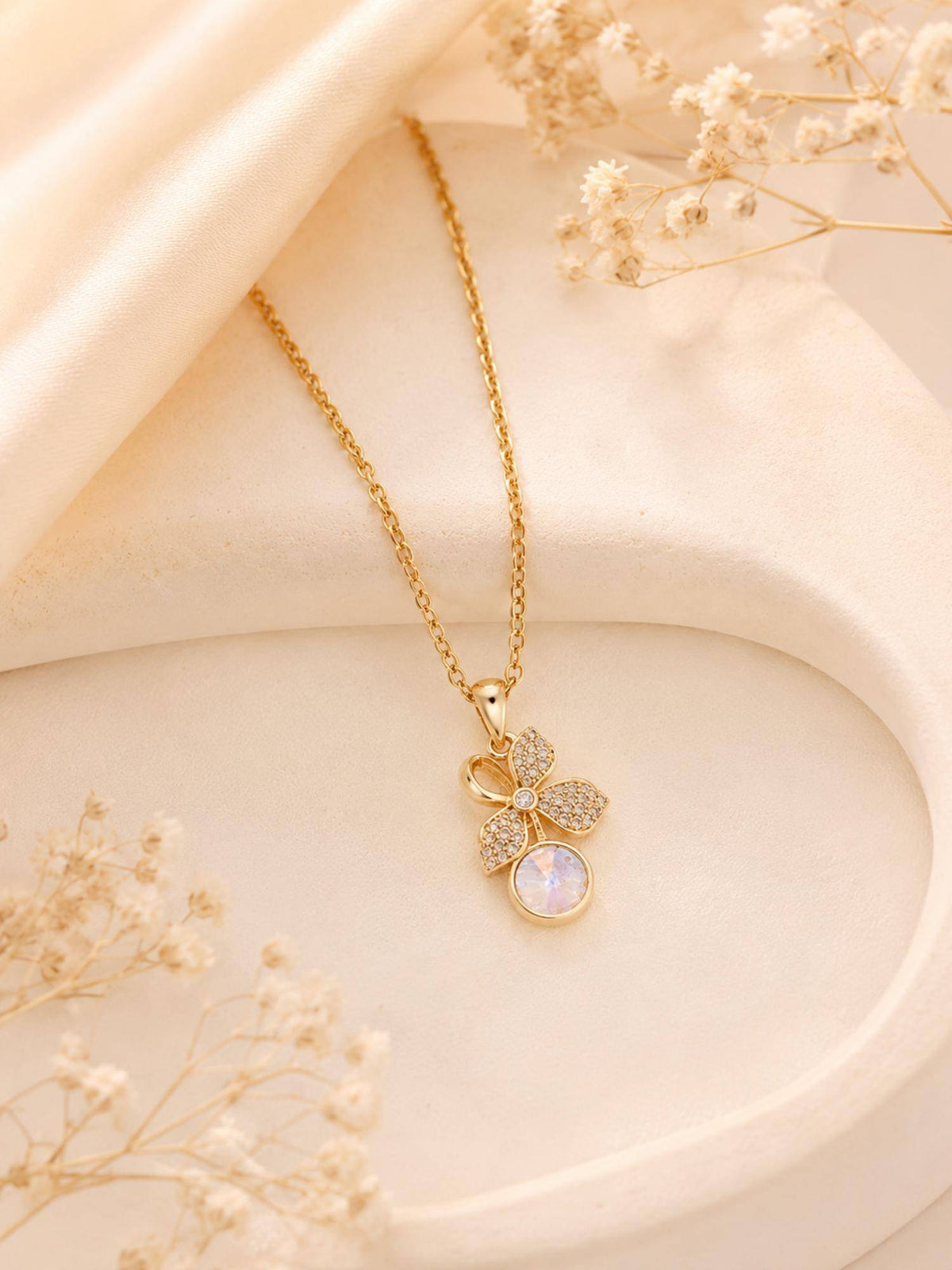 AANURA 18K Gold Plated Floral White Crystal Drop Necklace