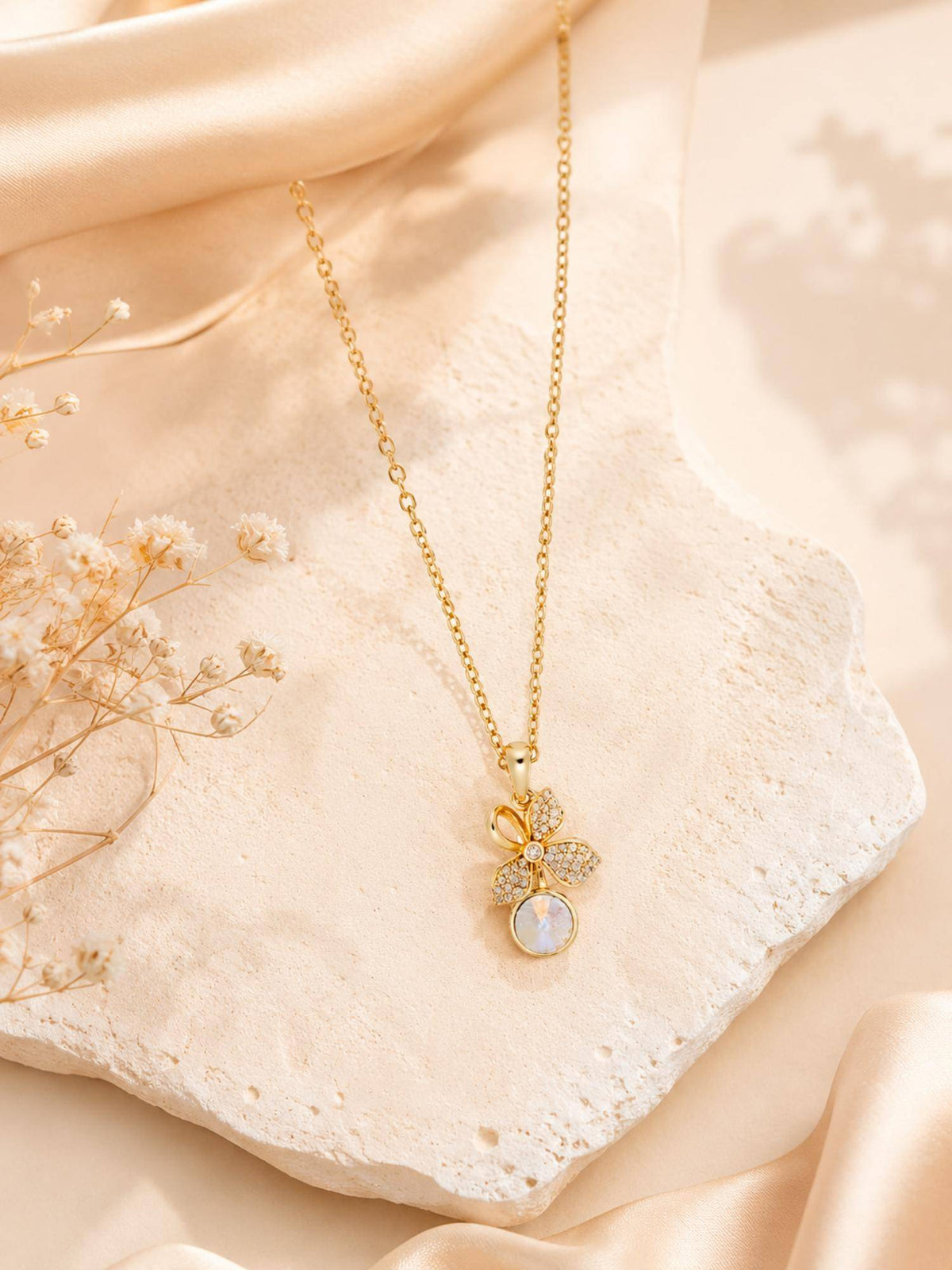 AANURA 18K Gold Plated Floral White Crystal Drop Necklace
