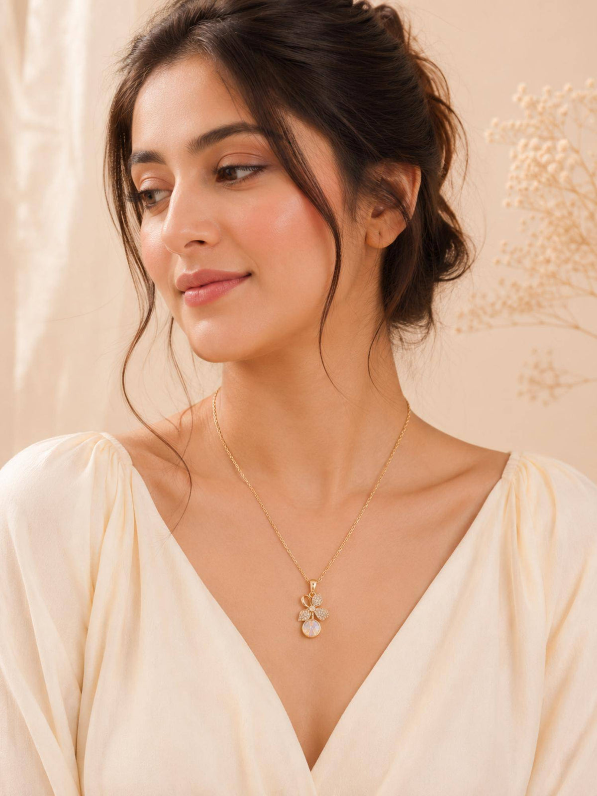 AANURA 18K Gold Plated Floral White Crystal Drop Necklace