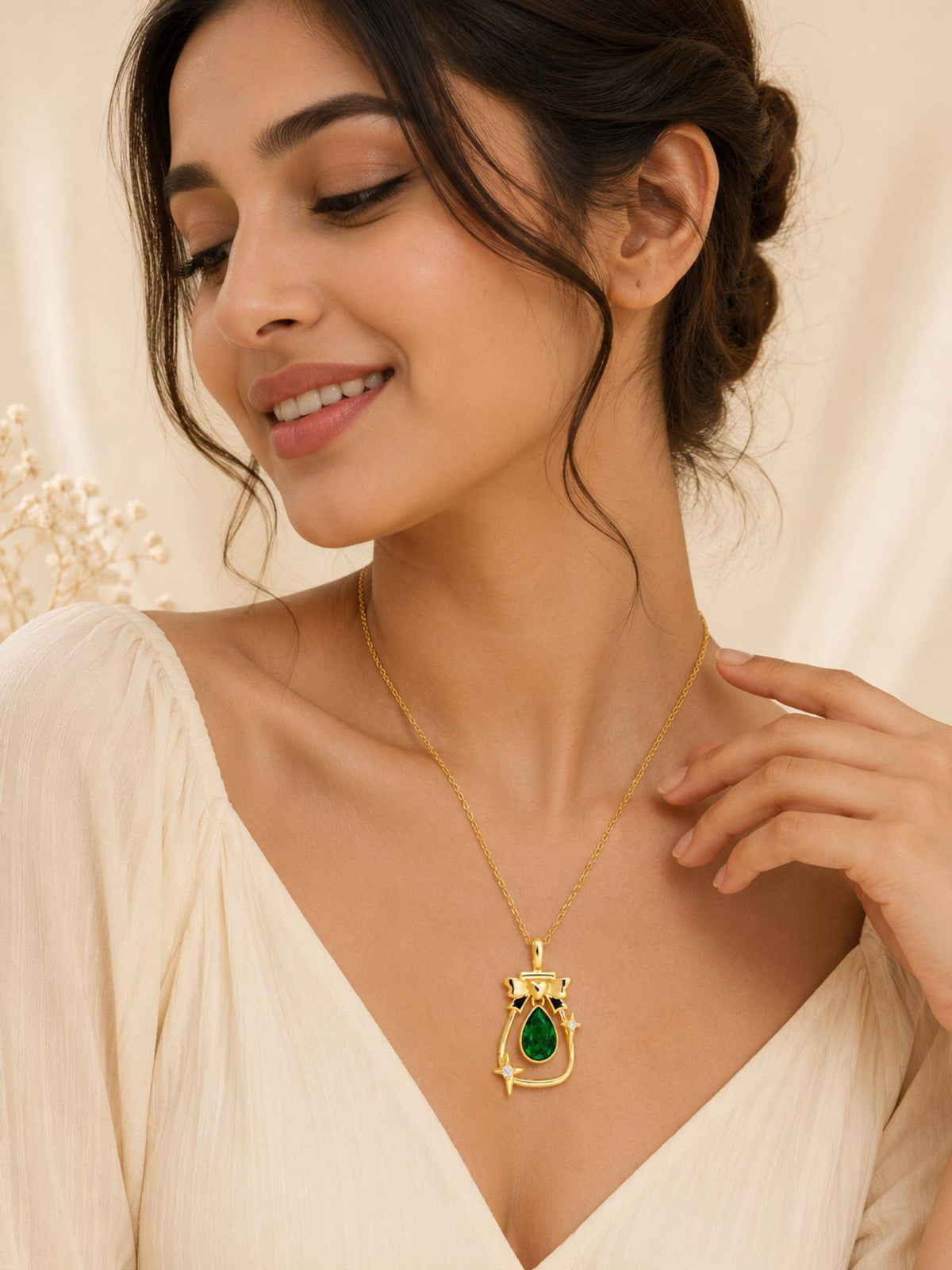 AANURA 18K Gold Plated Green Teardrop Bow Charm Necklace