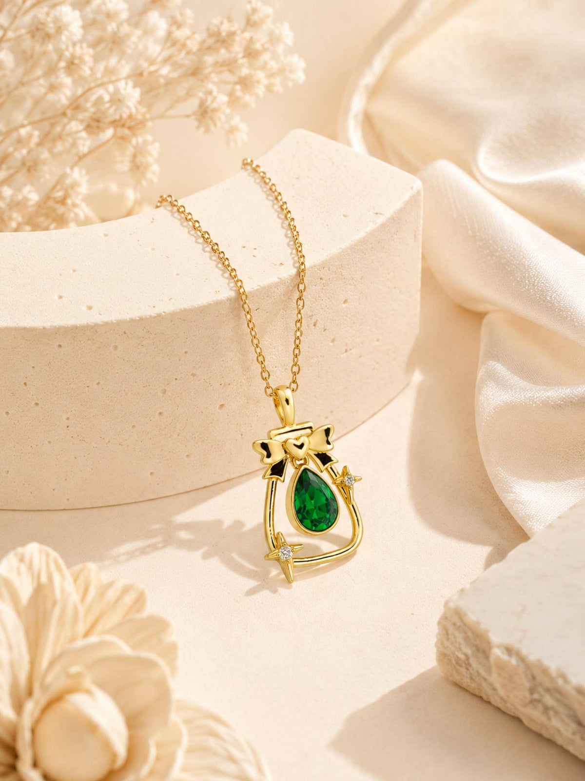 AANURA 18K Gold Plated Green Teardrop Bow Charm Necklace