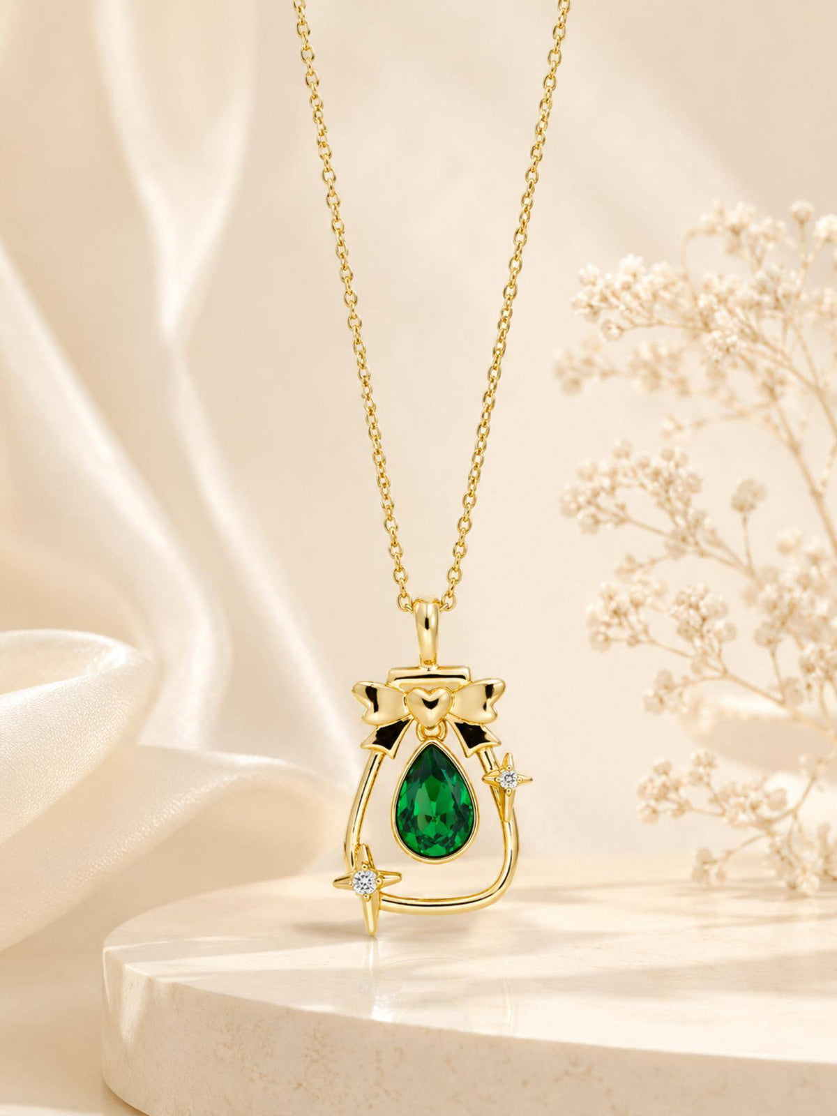 AANURA 18K Gold Plated Green Teardrop Bow Charm Necklace