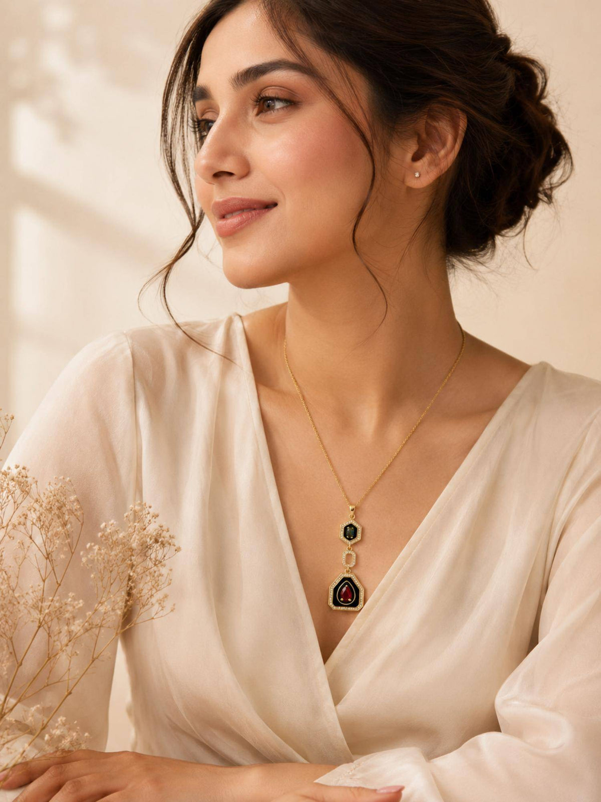 AANURA 18K Gold Plated Multi-Stone Geometric Drop Necklace