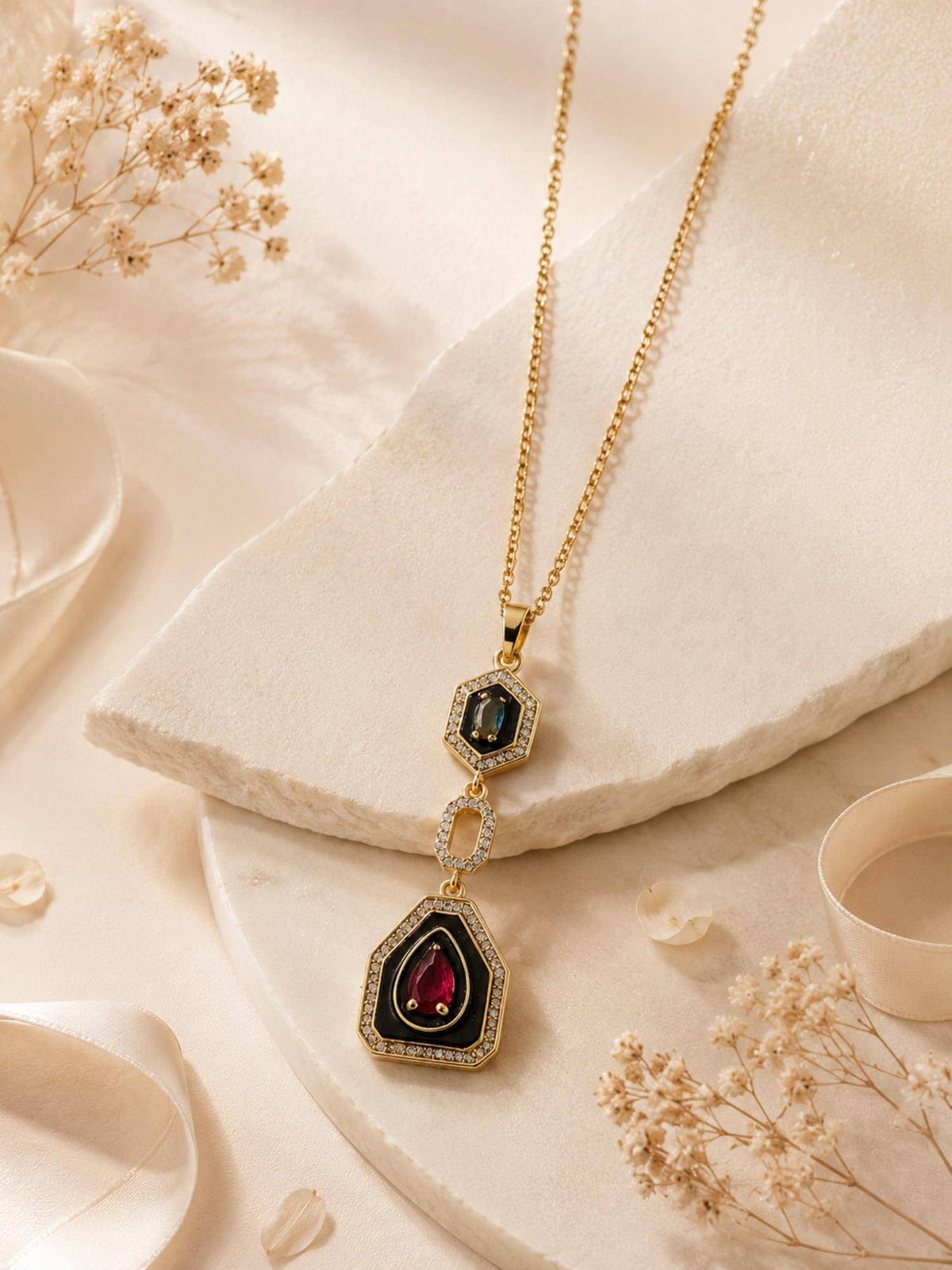 AANURA 18K Gold Plated Multi-Stone Geometric Drop Necklace