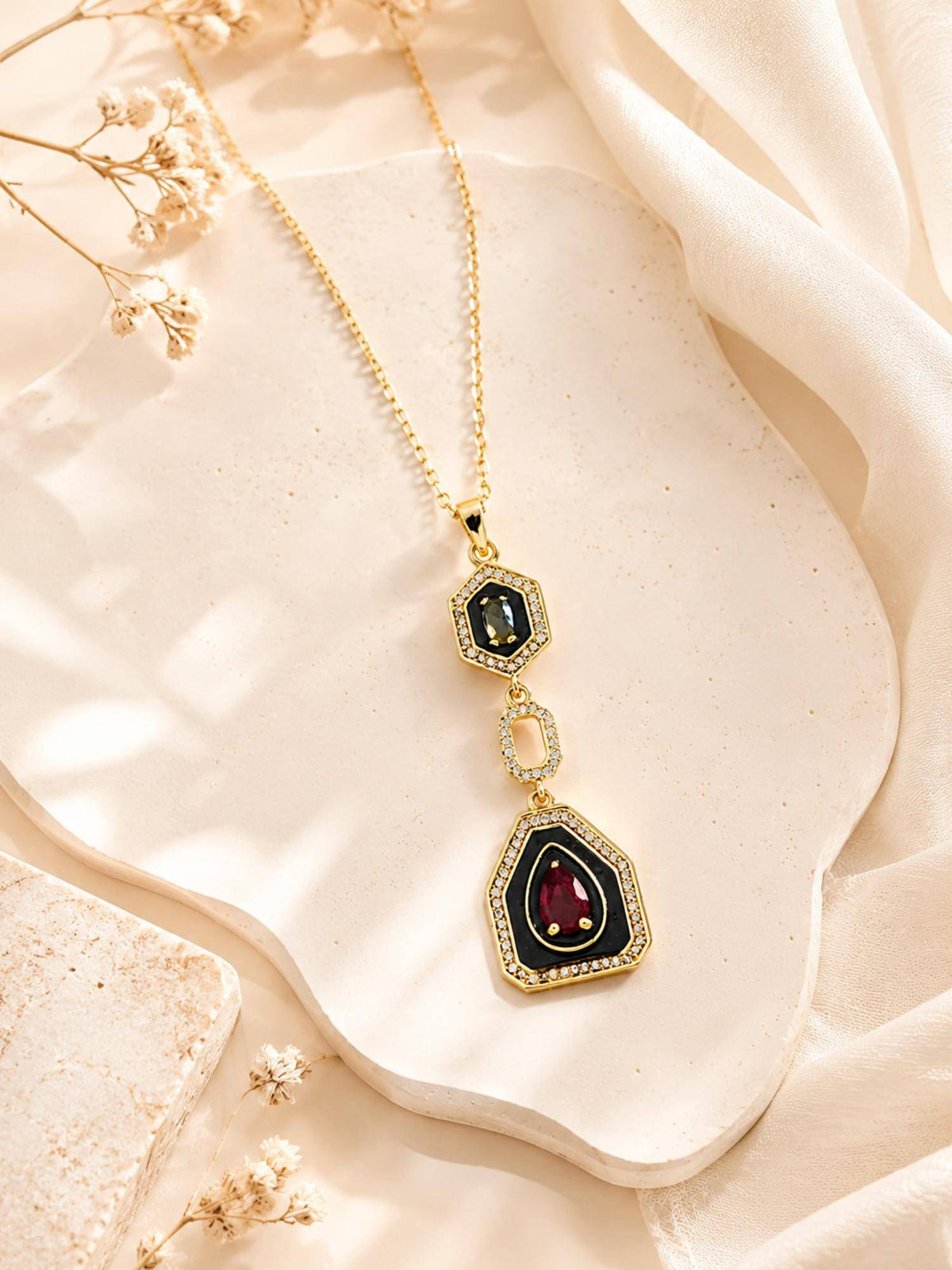 AANURA 18K Gold Plated Multi-Stone Geometric Drop Necklace