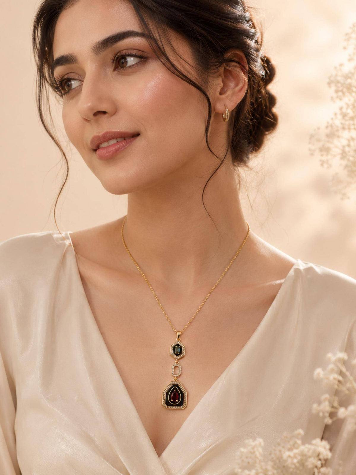 AANURA 18K Gold Plated Multi-Stone Geometric Drop Necklace